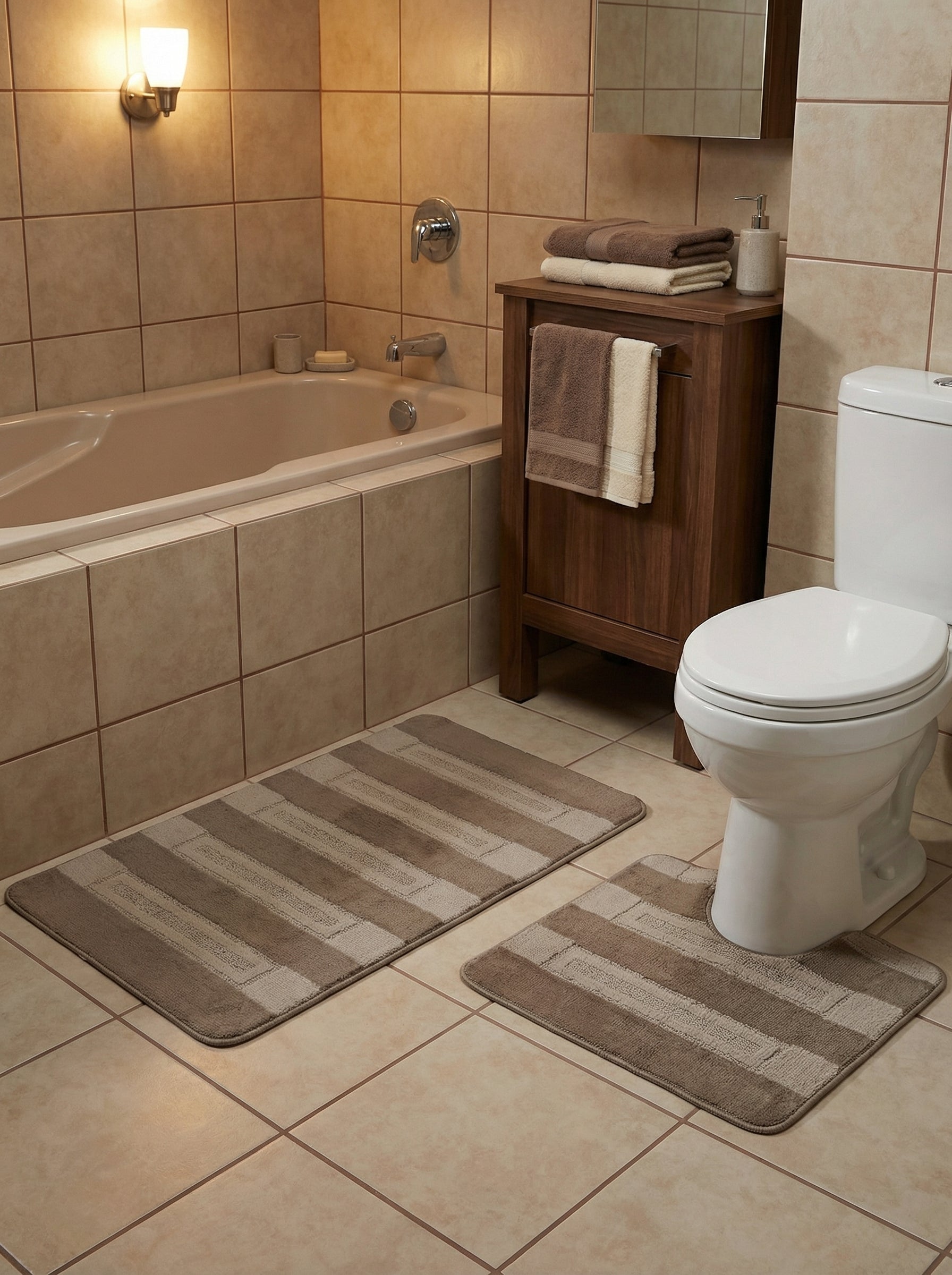 Deux tapis de bain moelleux marron et beige clair à rayures texturées, l'un rectangulaire, l'autre en U, dans une salle de bain