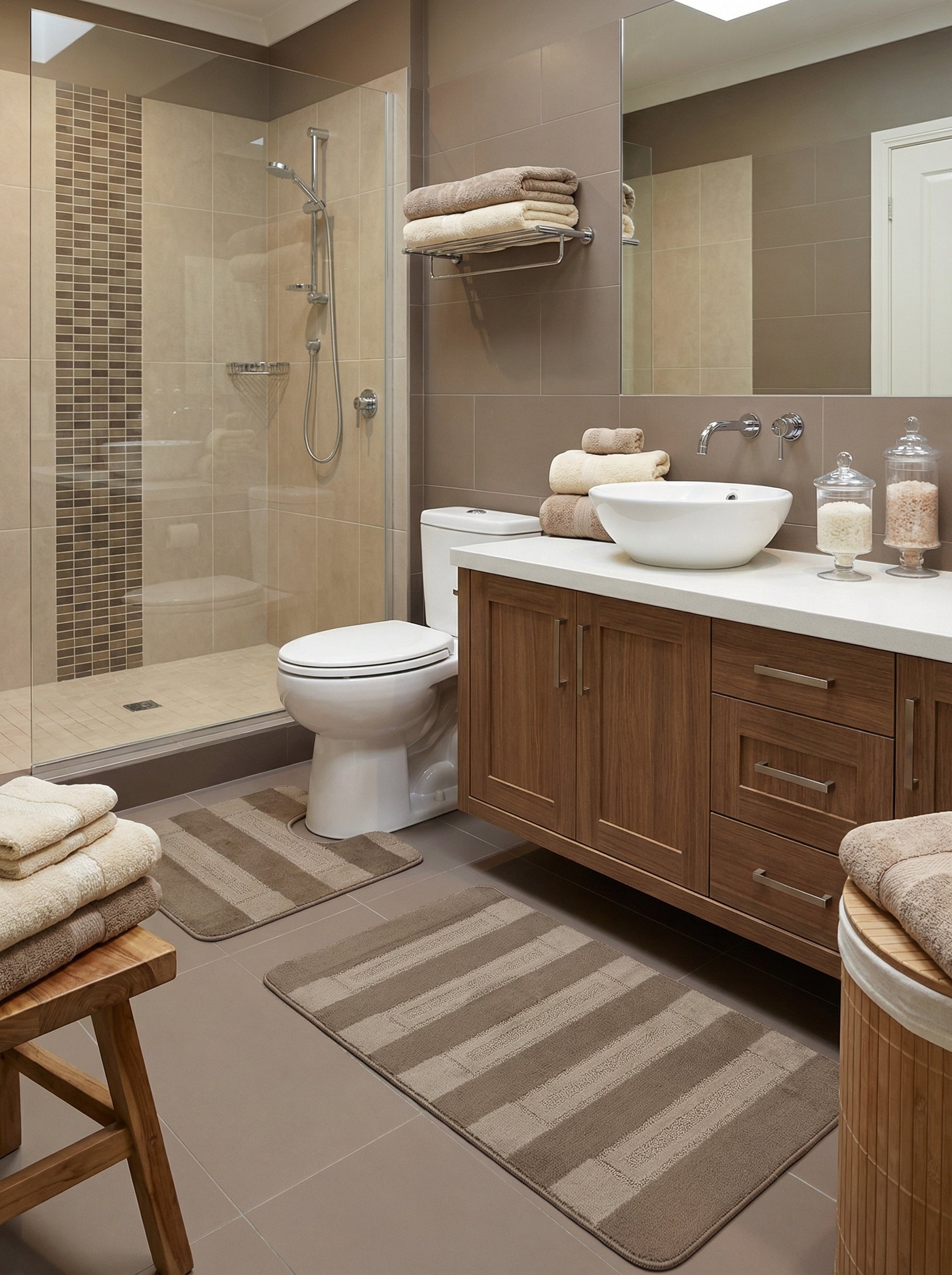 Tapis de bain aux motifs rayés beige clair et brun foncé, avec des textures variées, dans une salle de bain moderne