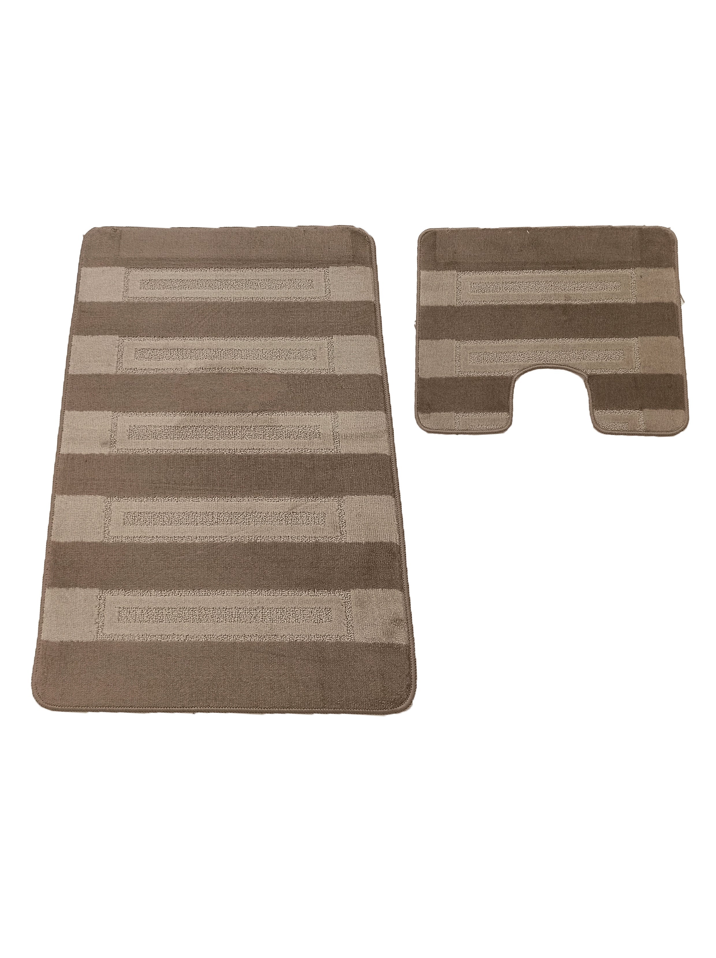 Deux tapis en textile marron, l'un rectangulaire, l'autre en U. Motifs de rayures horizontales bicolores claires et foncées