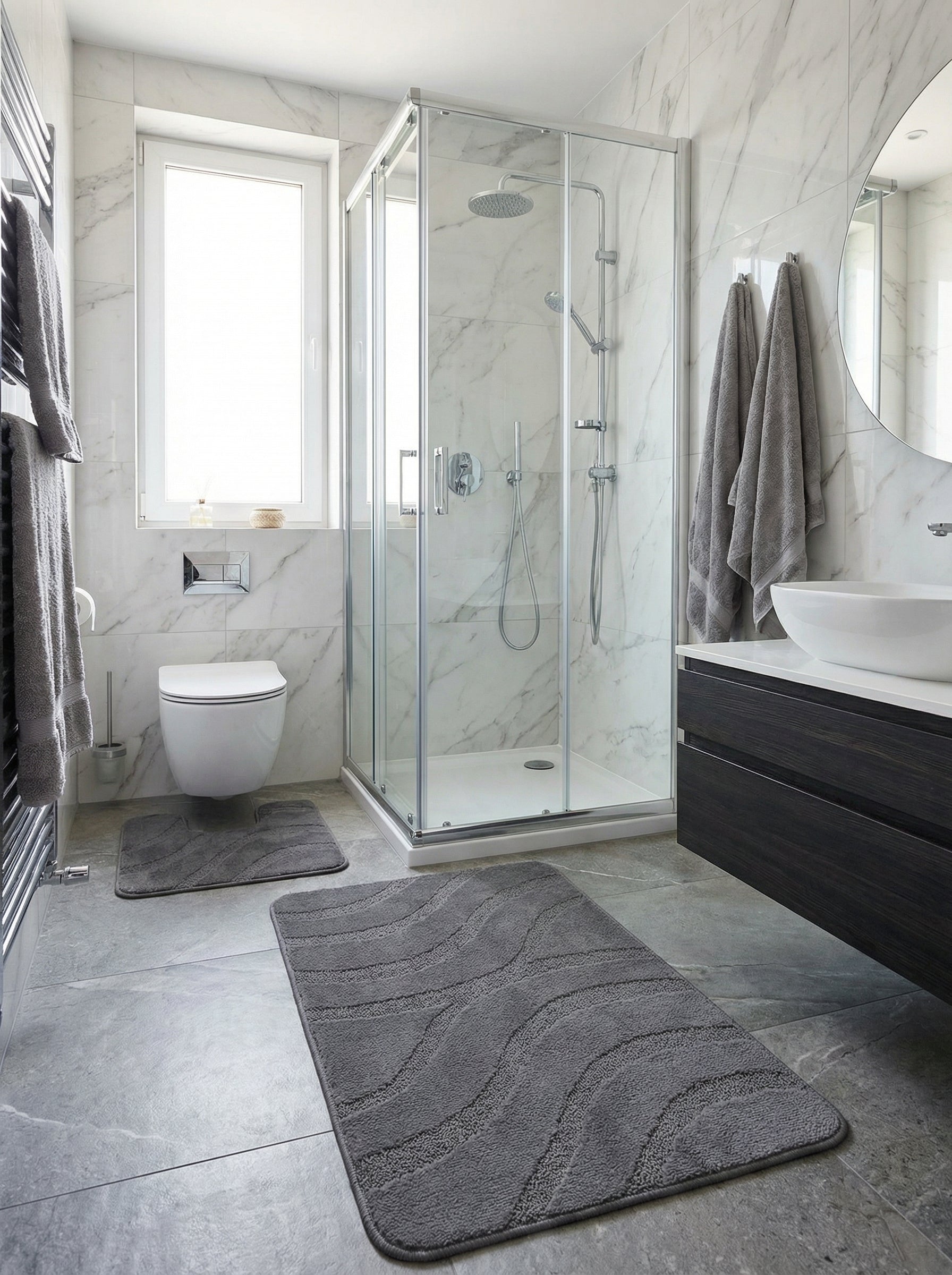 Deux tapis de bain gris moelleux et rectangulaires, dont un de contour, ornés de motifs de vagues en relief, dans une salle de bain moderne