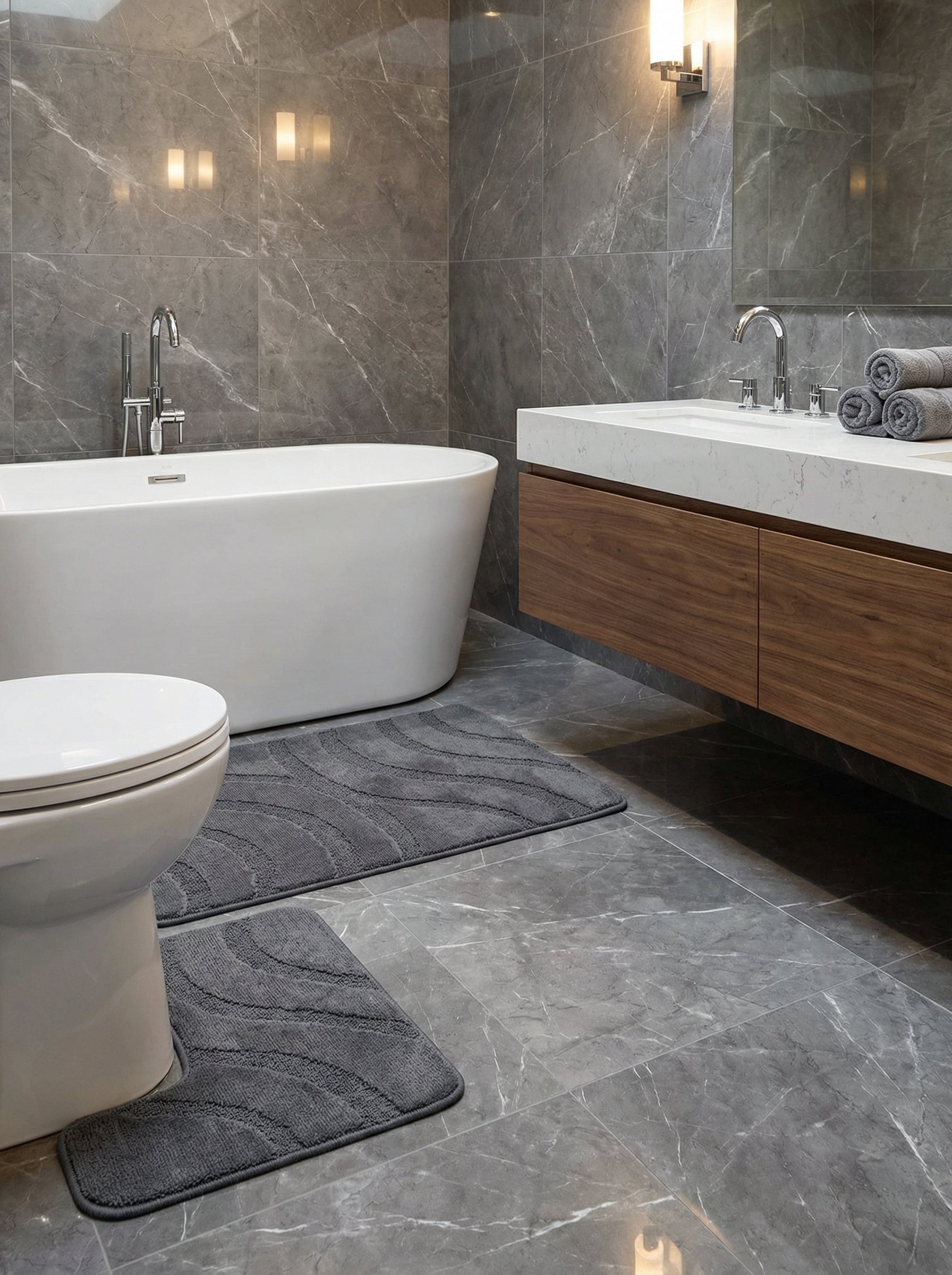 Deux tapis de bain gris anthracite moelleux, l'un rectangulaire et l'autre en U, avec des motifs de vagues en relief sur le sol d'une salle de bain moderne