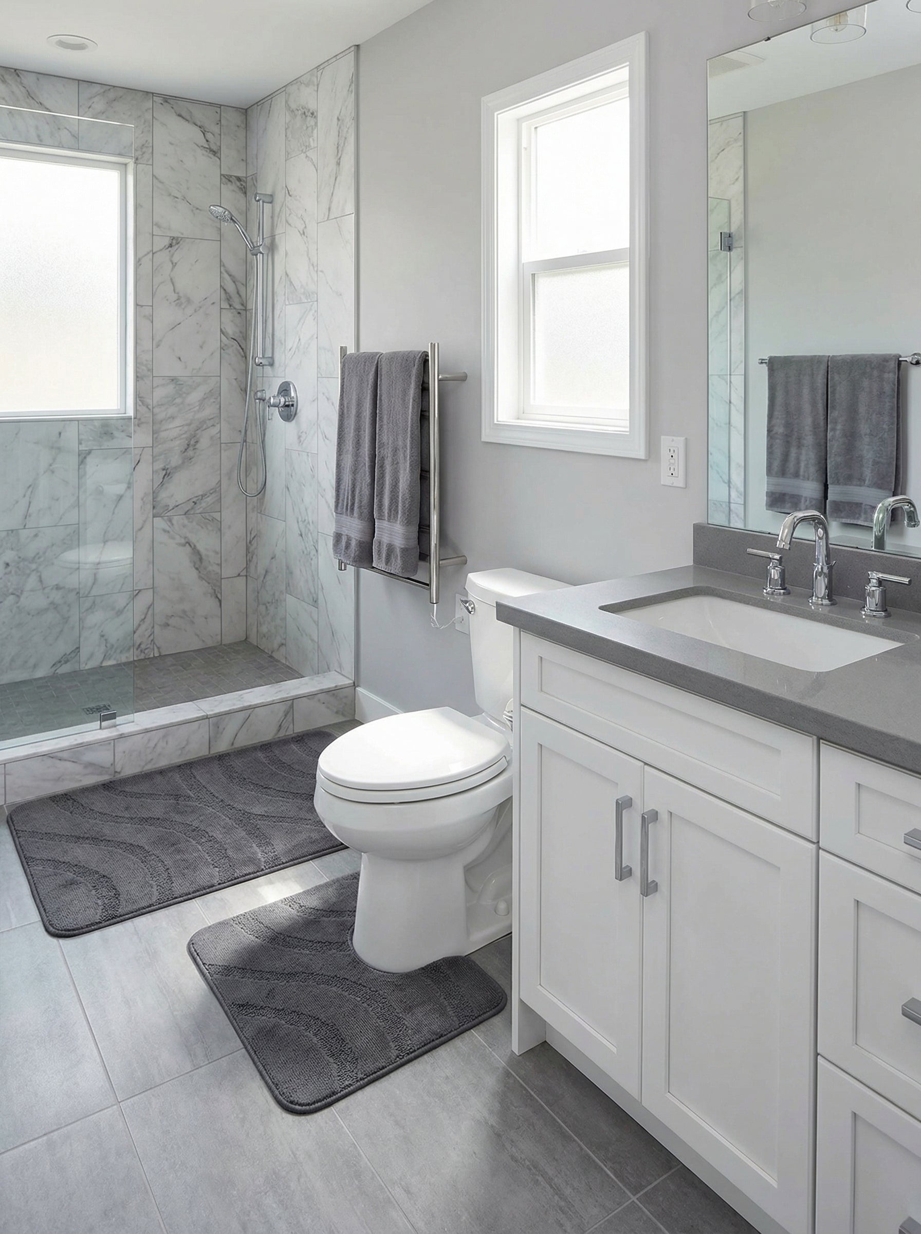 Deux tapis de bain gris anthracite moelleux avec des motifs de vagues sombres ornent le sol d'une salle de bain lumineuse