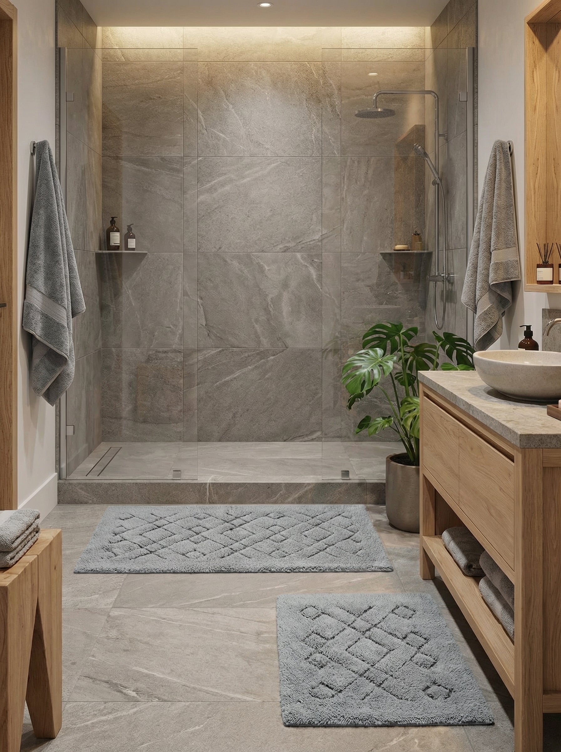 Deux tapis de bain doux gris-bleu à motifs géométriques en relief posés sur le sol carrelé d'une salle de bain moderne