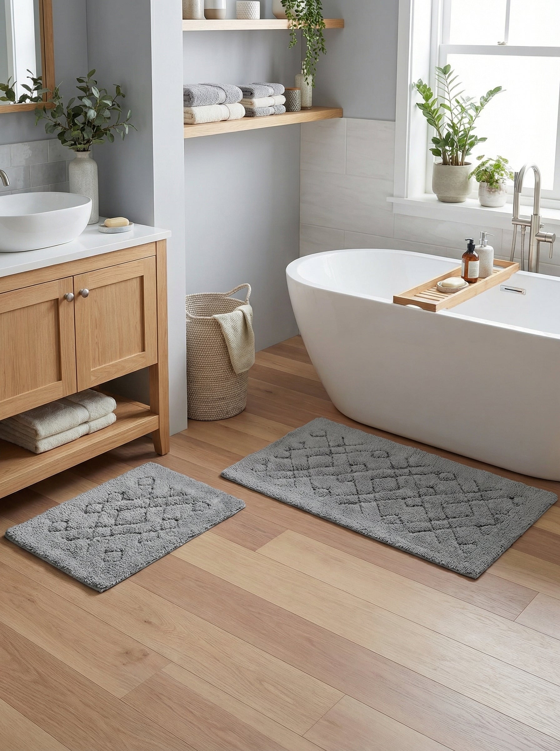 Deux tapis de bain rectangulaires gris doux à motifs géométriques, sur un parquet clair dans une salle de bain moderne