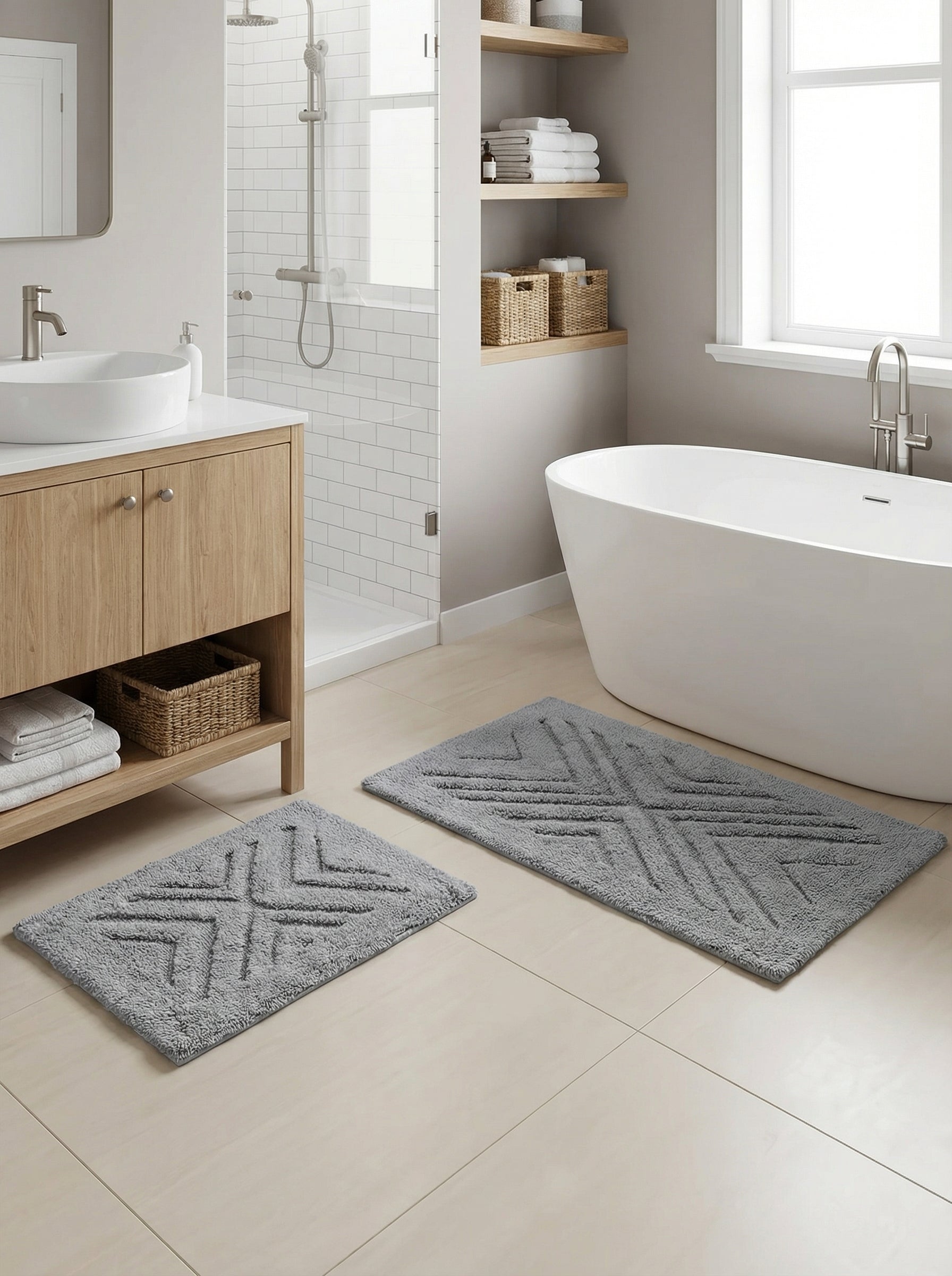 Deux tapis de bain rectangulaires gris, moelleux, à motifs géométriques en relief dans une salle de bain claire