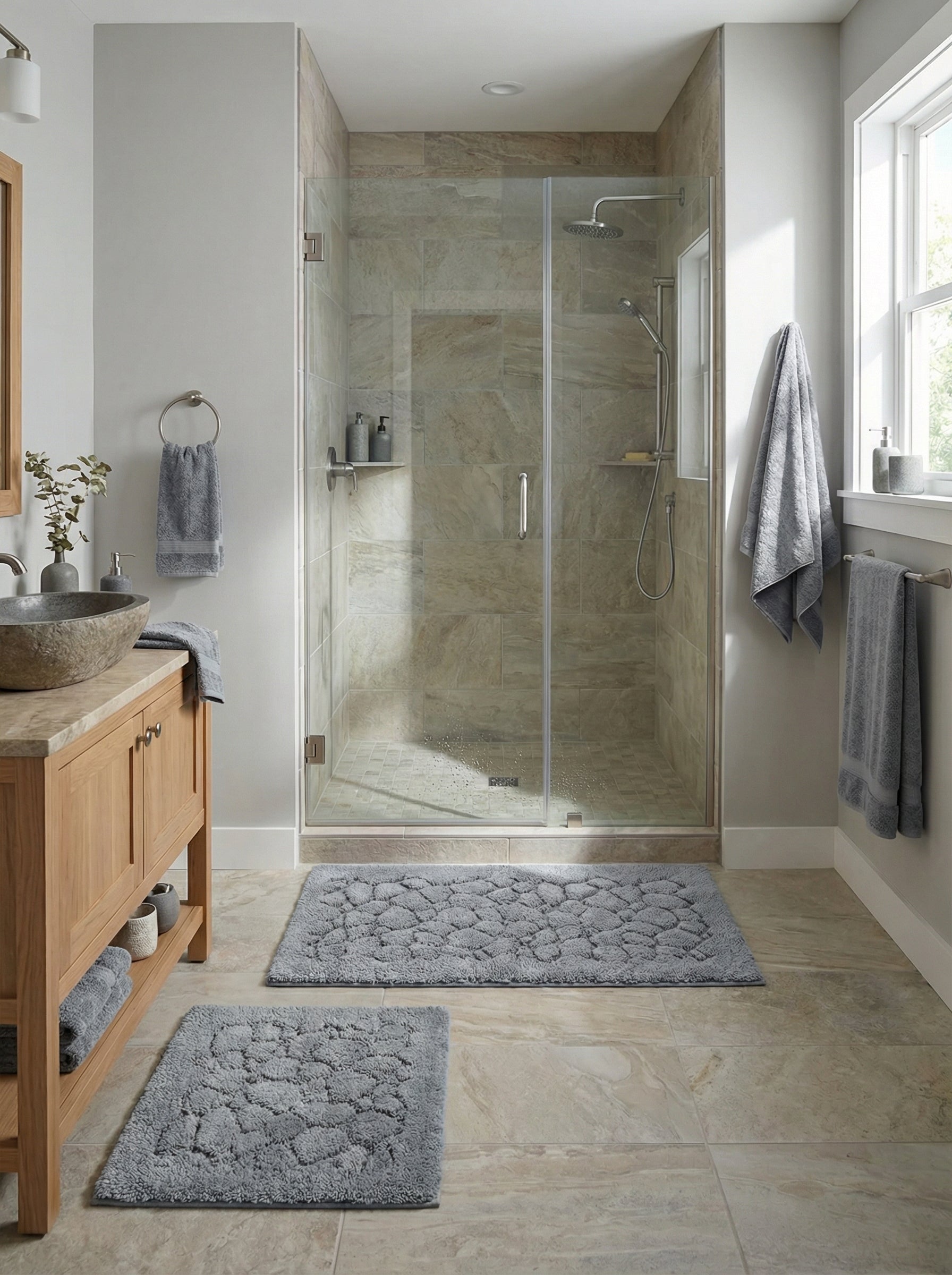 Tapis rectangulaire gris clair moelleux avec des motifs texturés en relief de galets, dans une salle de bain