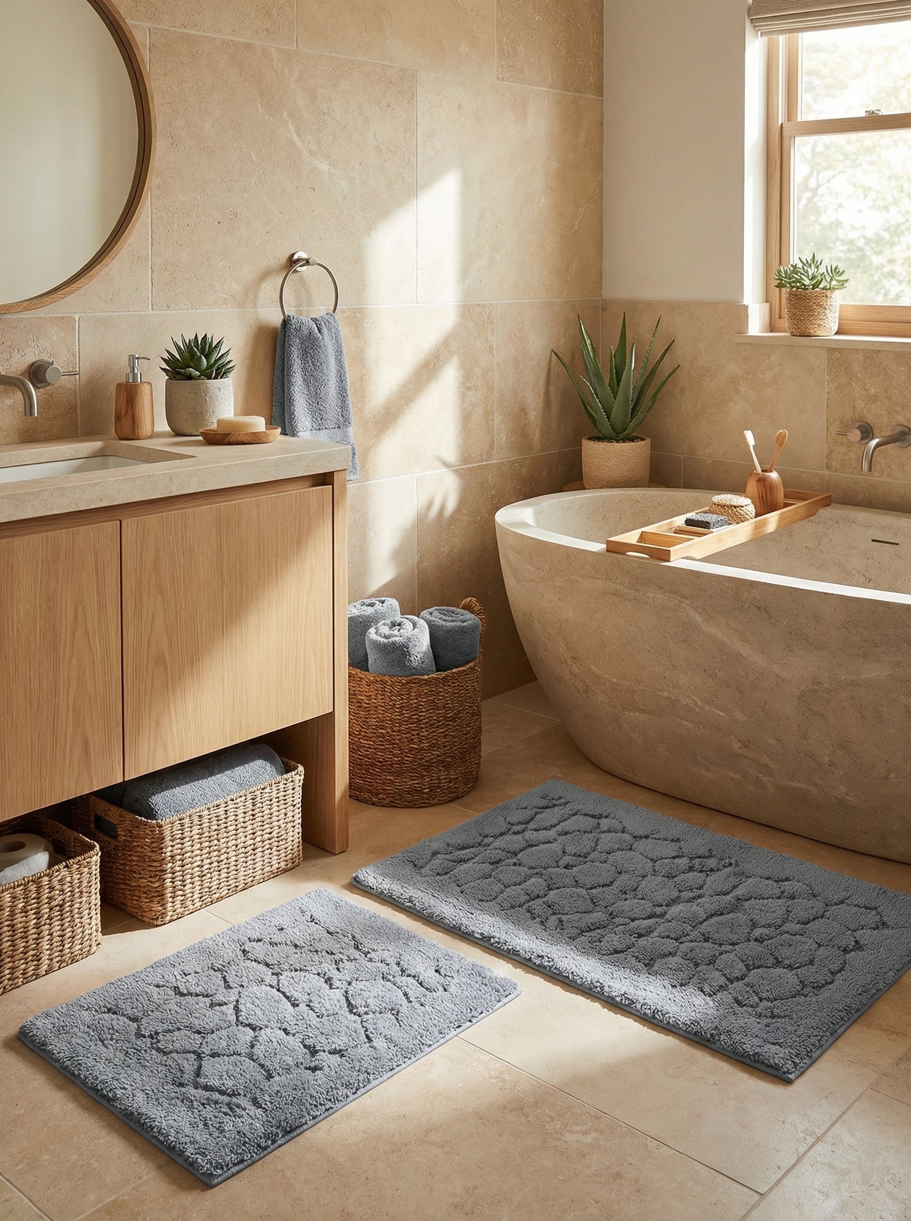 Deux tapis rectangulaires gris moyen à motifs de galets texturés et moelleux, dans une salle de bain moderne