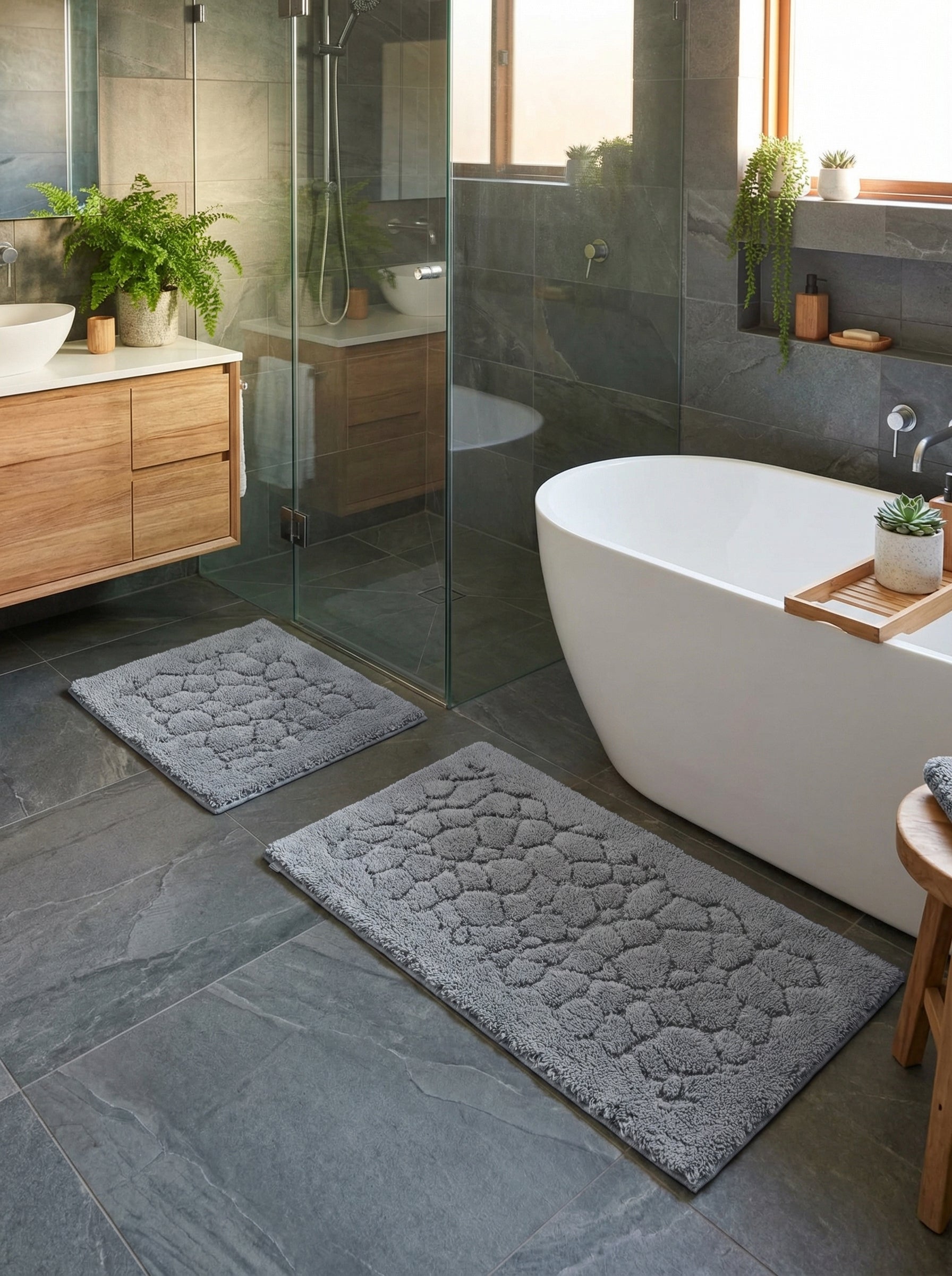 Deux tapis de bain rectangulaires gris avec des motifs texturés de galets, posés sur un sol carrelé foncé dans une salle de bain