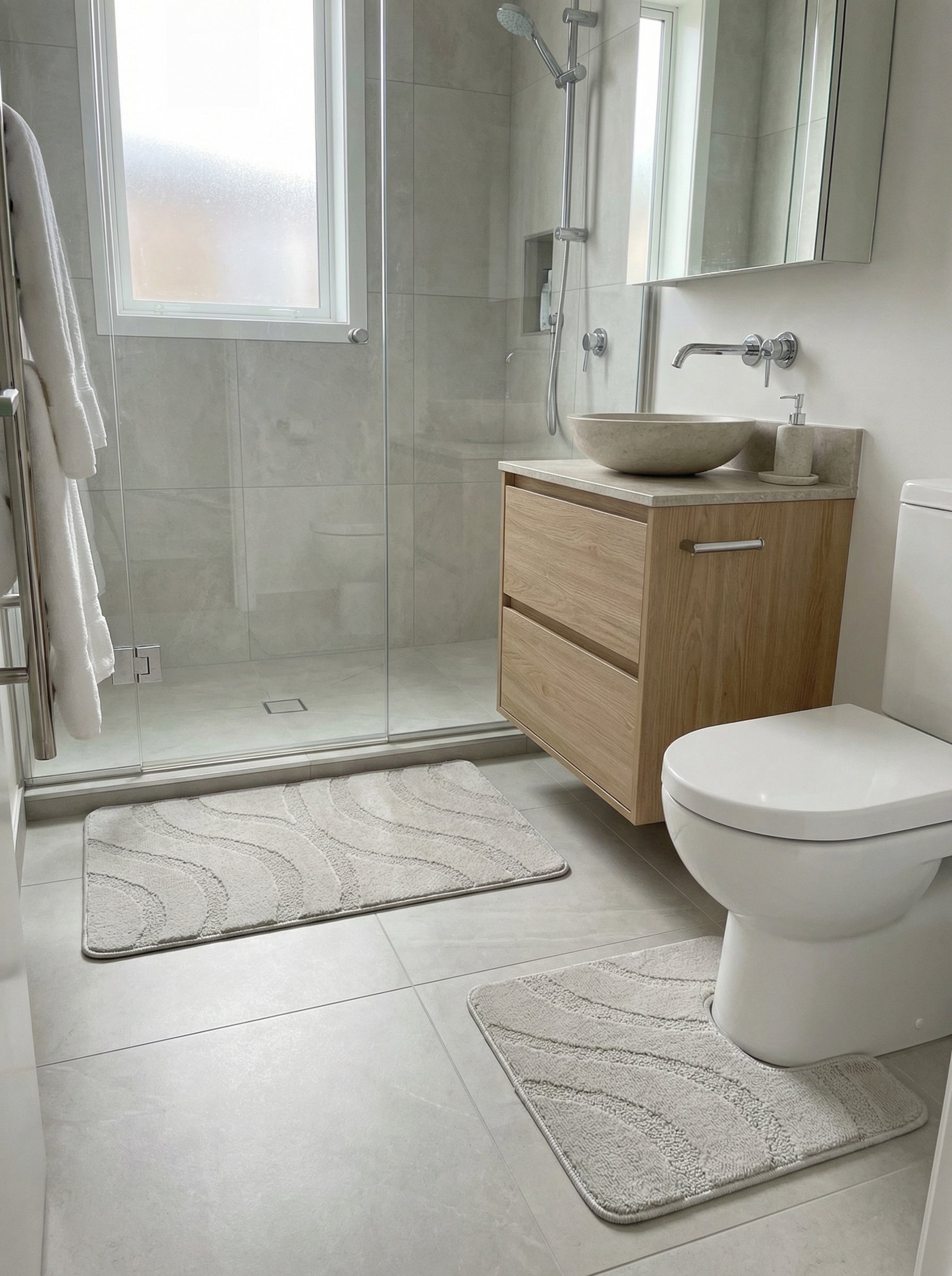 Deux tapis de bain beige clair, de formes diverses, à motifs ondulés en relief, sur le carrelage gris d'une salle de bain moderne