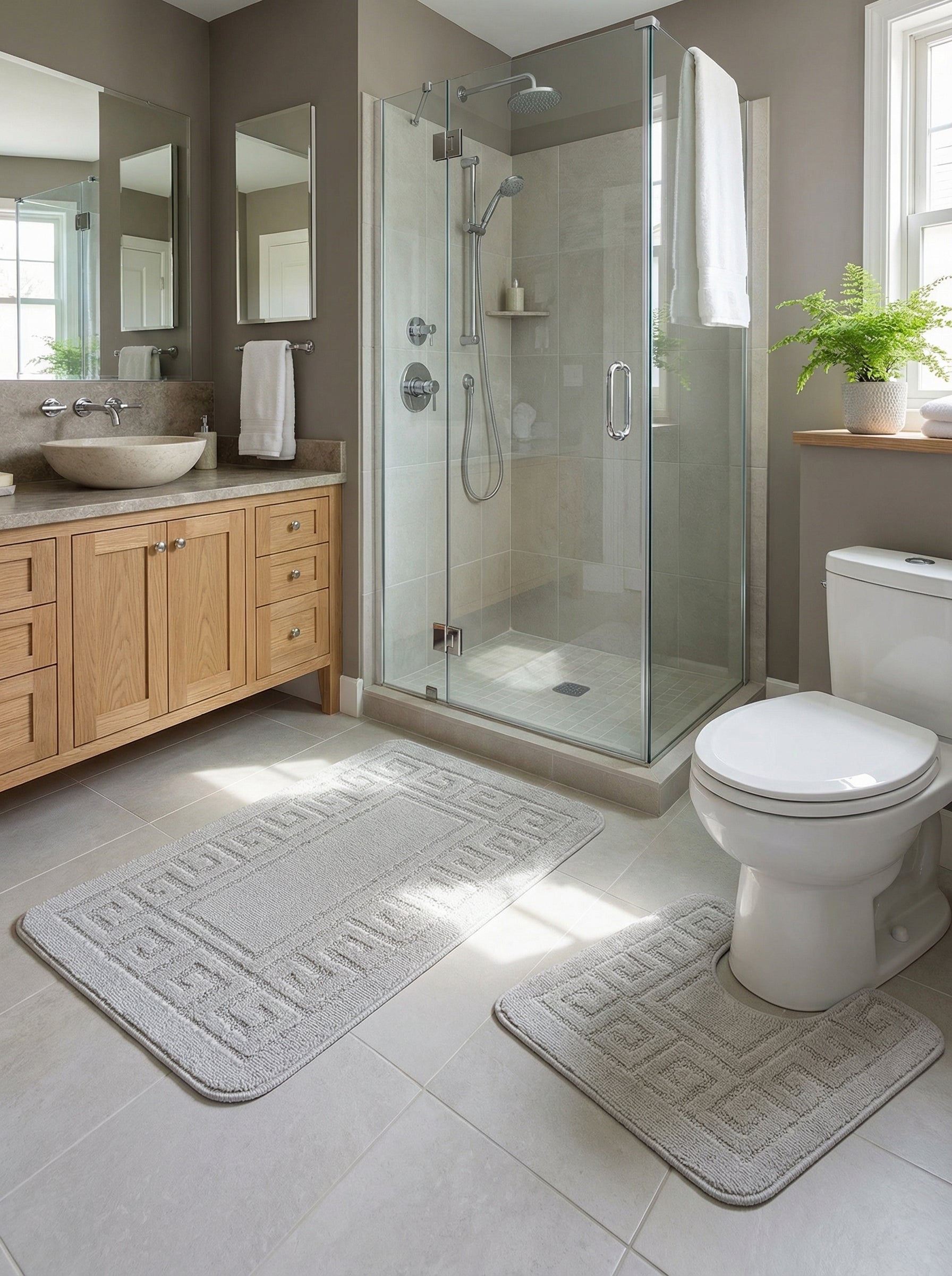 Deux tapis de bain gris clair en éponge, l'un rectangulaire, l'autre en U, avec motifs géométriques, dans une salle de bain