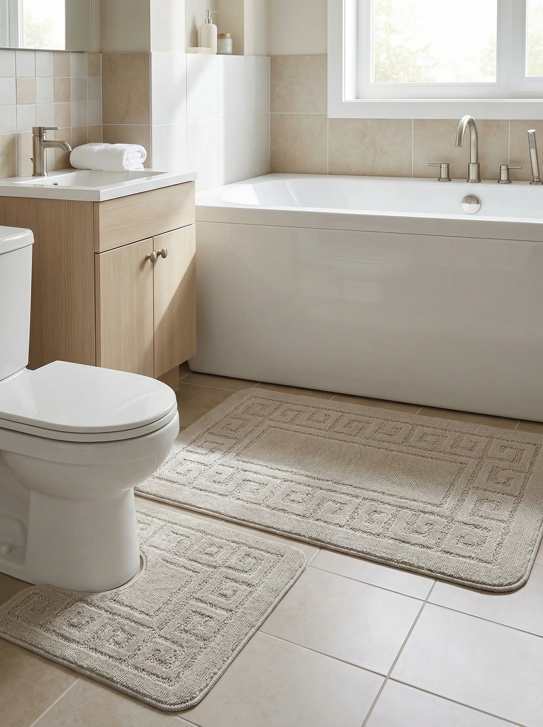Deux tapis de bain beiges avec motifs géométriques en relief, l'un rectangulaire, l'autre en U, dans une salle de bain moderne