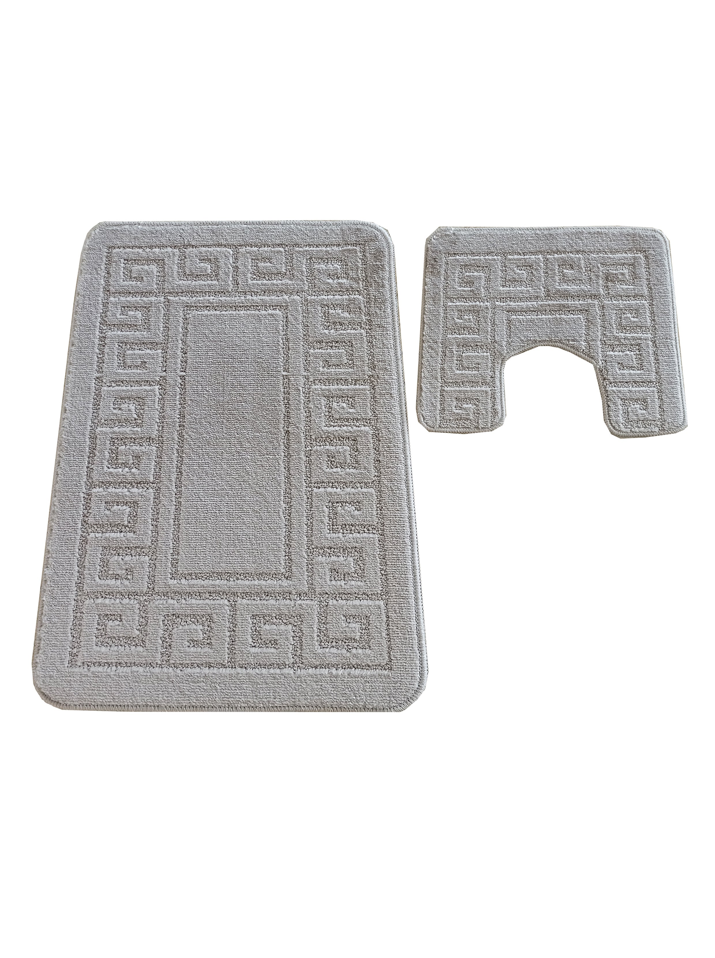 Deux tapis textiles gris clair, l'un rectangulaire et l'autre en forme de U, avec un motif de méandres en relief