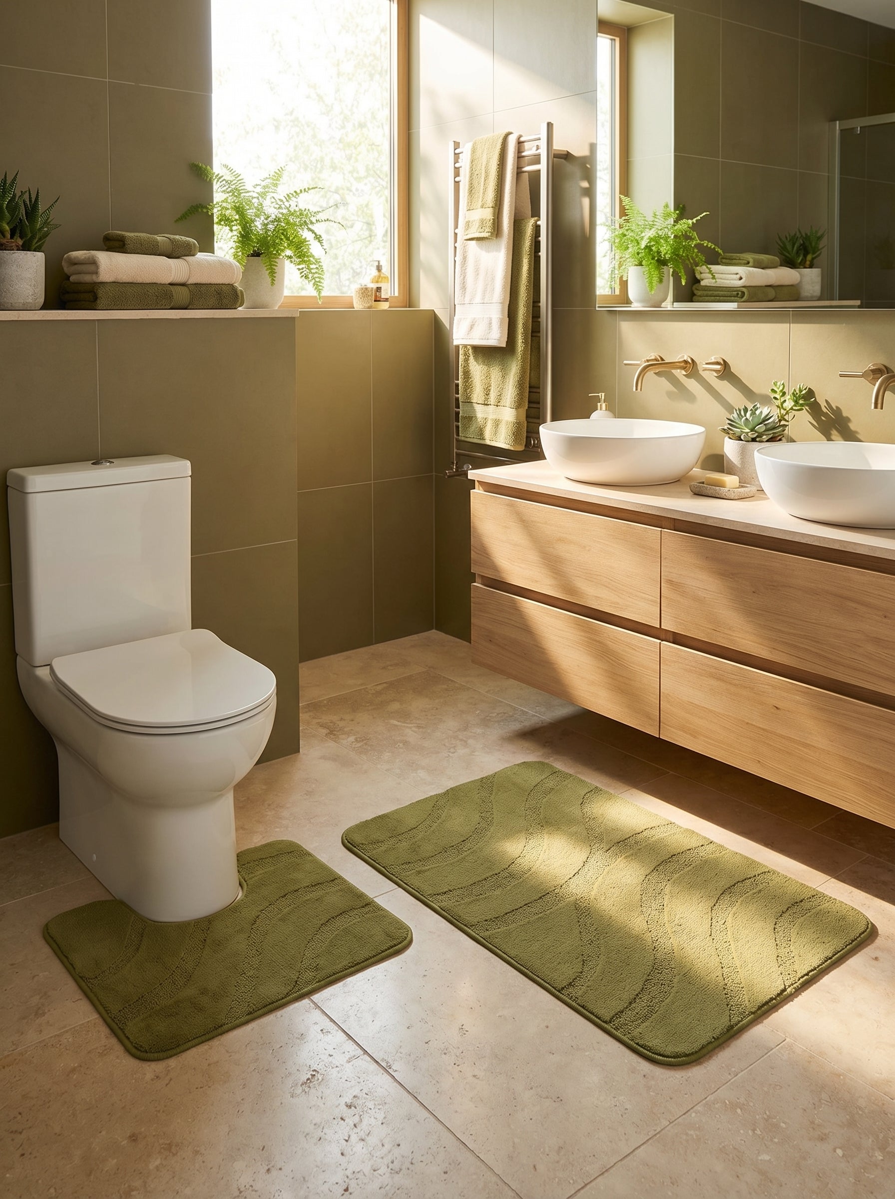 Deux tapis de bain olive-vert texturés avec des motifs ondulés en relief, posés sur un sol carrelé dans une salle de bain lumineuse