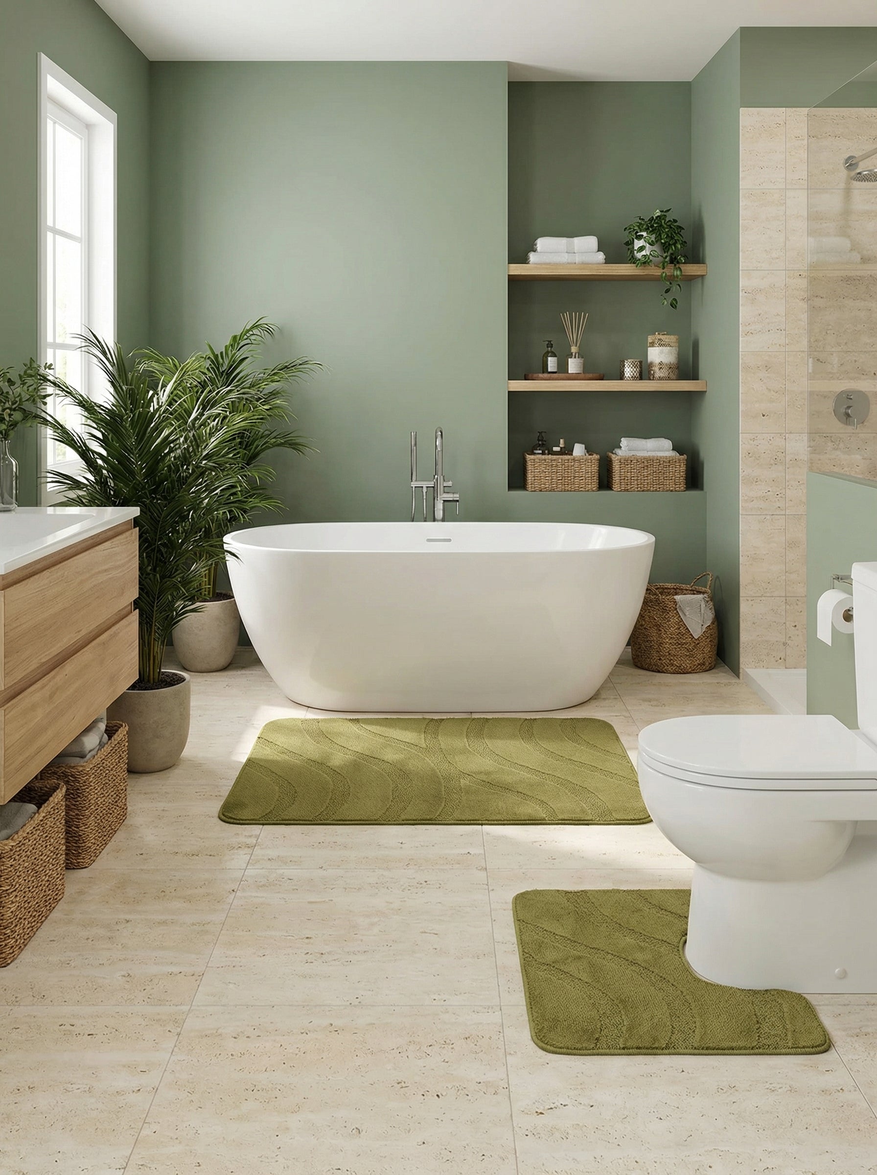 Deux tapis de bain vert olive, doux, à motifs ondulés texturés, dont un rectangulaire et un contour de WC, dans une salle de bain moderne