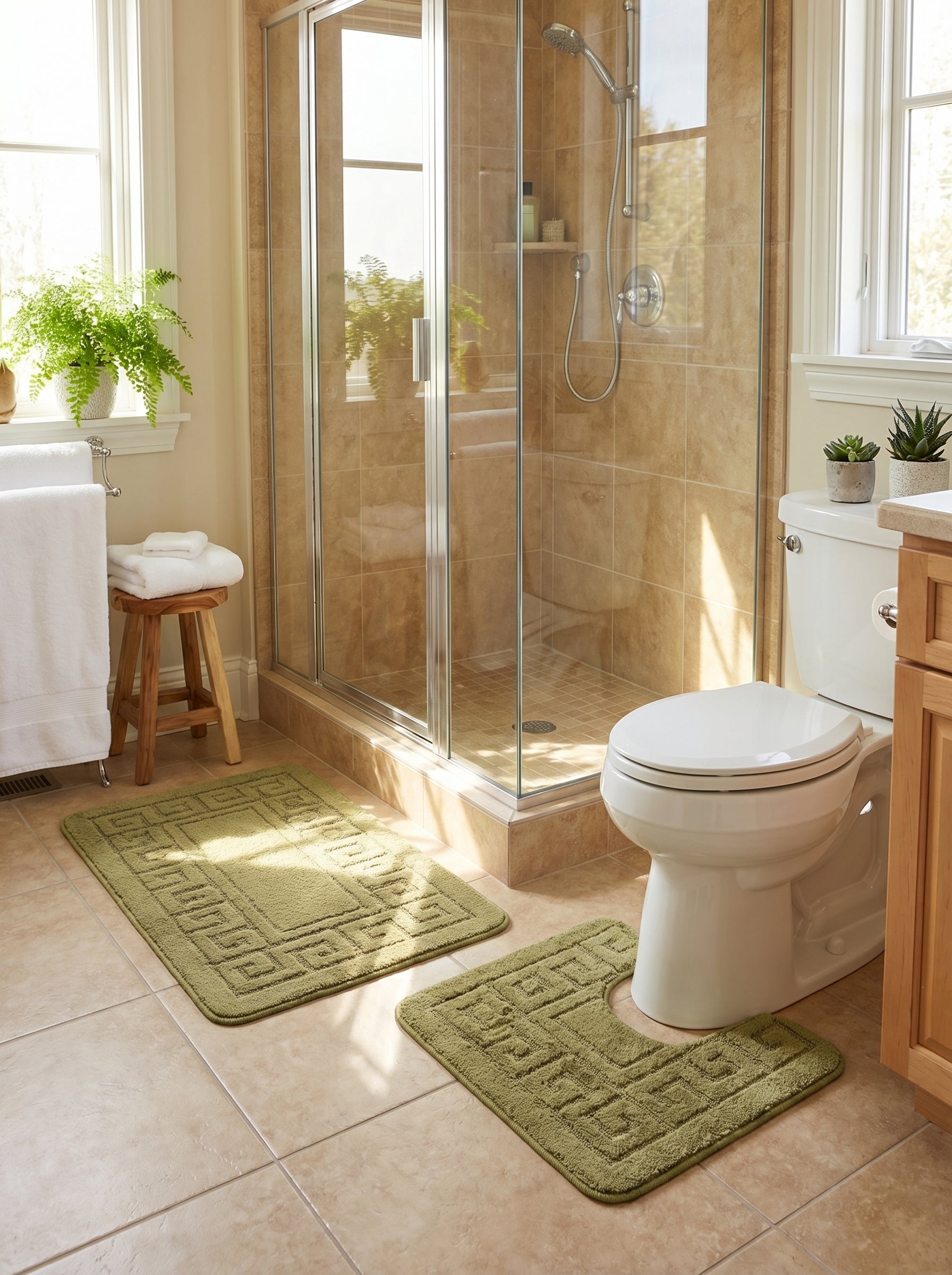 Paire de tapis de bain vert mousse avec motifs de grecques en relief, un rectangulaire et un en U, sur le carrelage d'une salle de bain