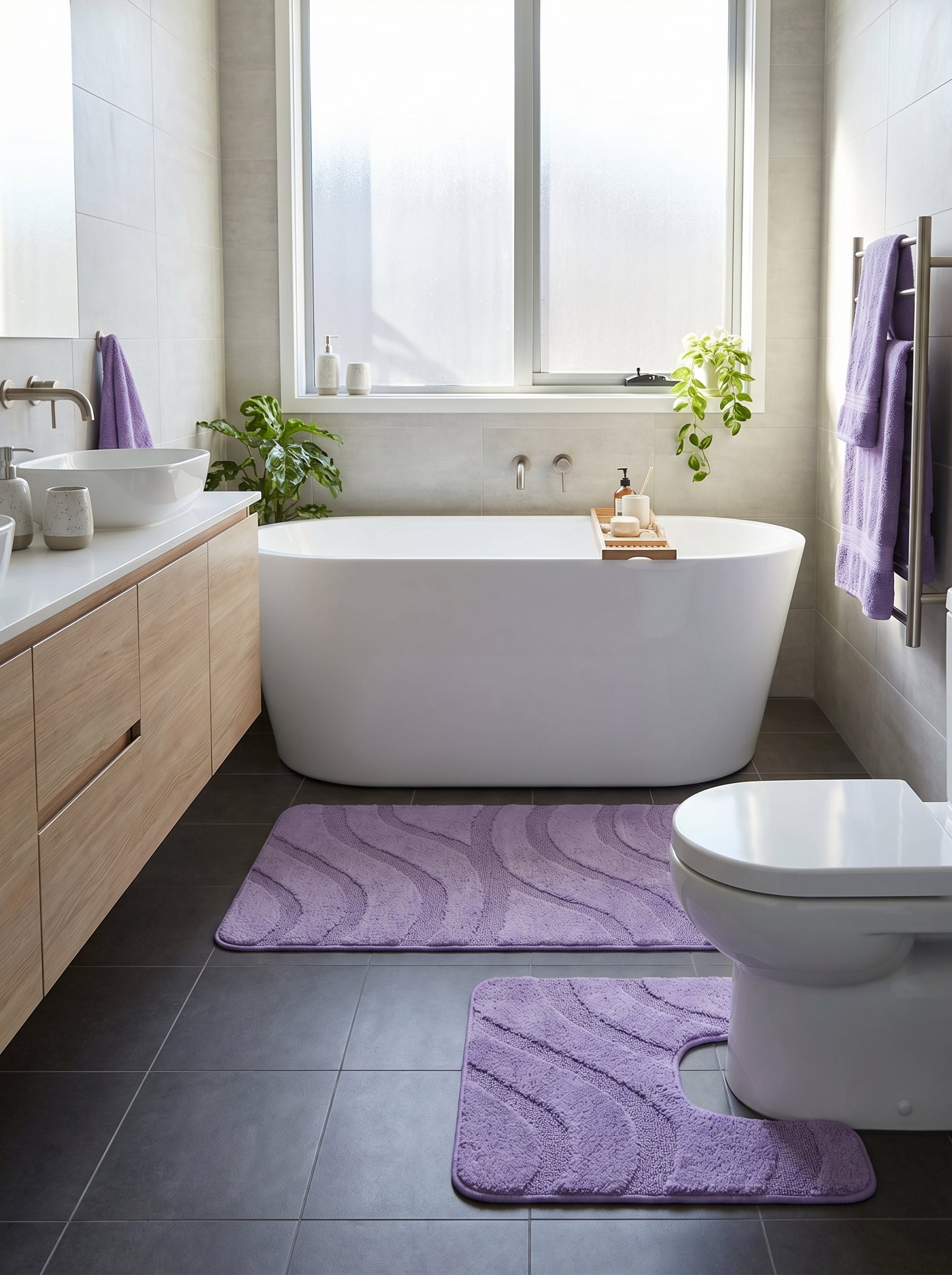Tapis de bain doux violet lavande avec des motifs de vagues en relief, disposé sur le sol d'une salle de bain