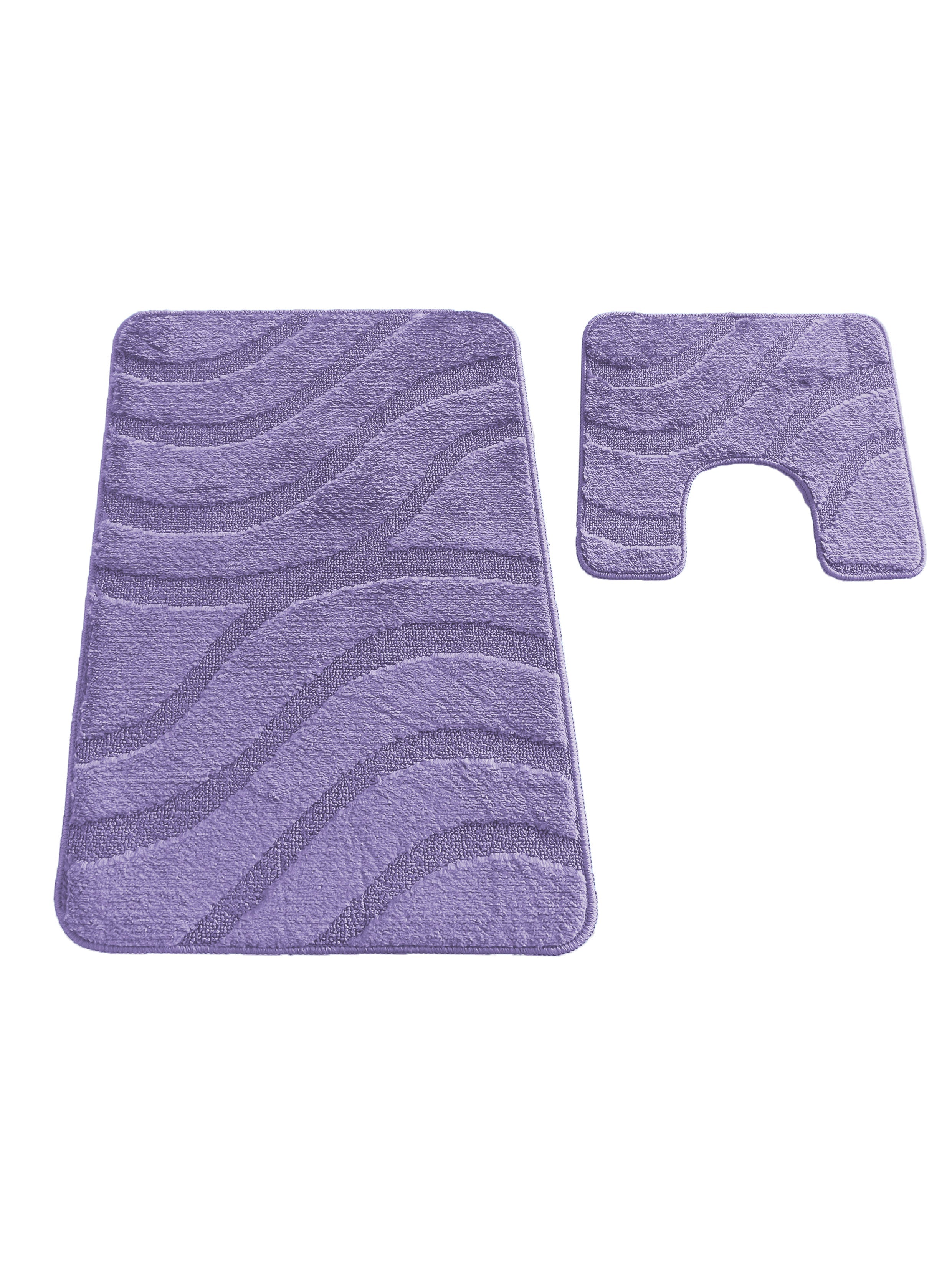 Deux tapis violets, un rectangulaire et un en forme de U, présentant un motif de vagues en relief