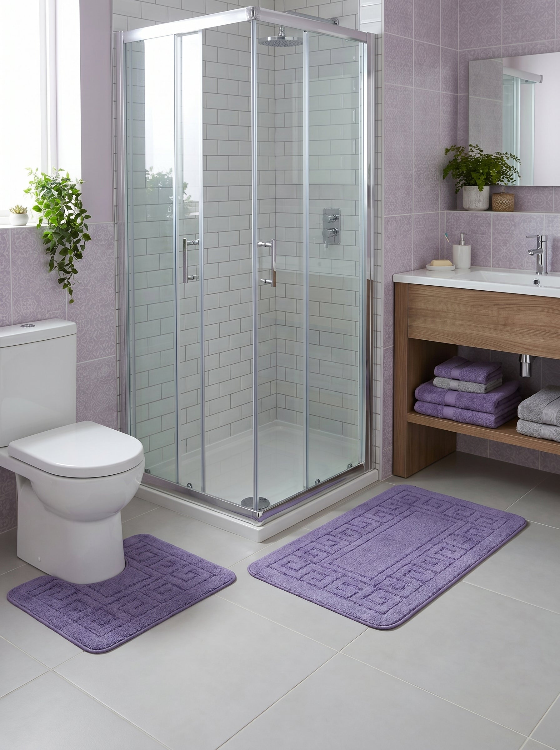 Deux tapis de bain en coton violet clair, l'un rectangulaire et l'autre en U, avec des motifs géométriques en relief, dans une salle de bain moderne