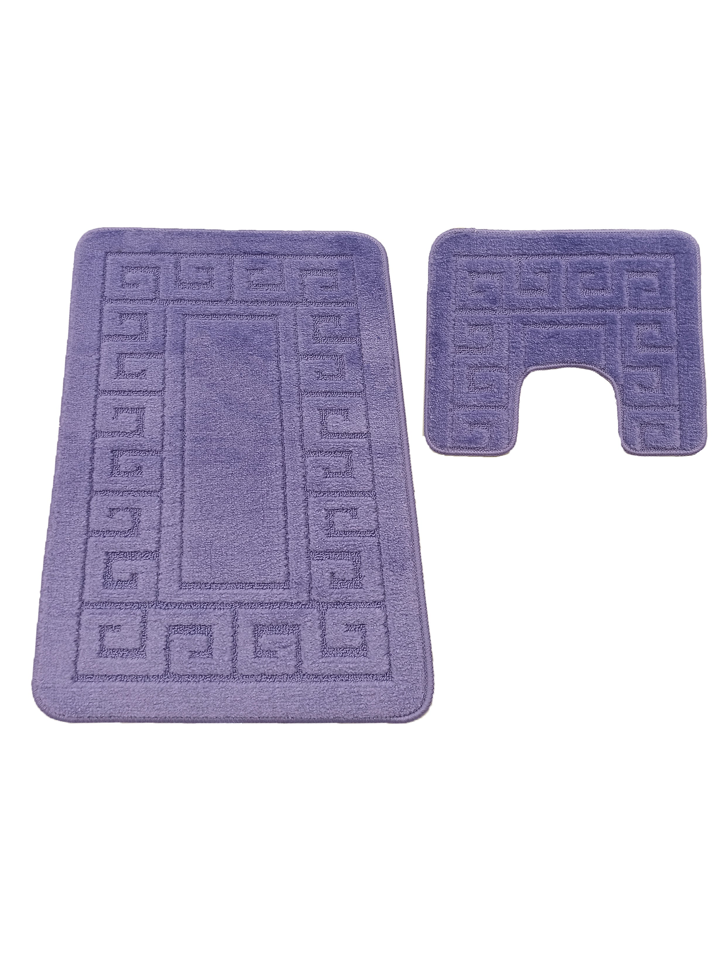 Deux tapis violets en tissu bouclé, l'un rectangulaire et l'autre en U, avec un motif de clé grecque en relief