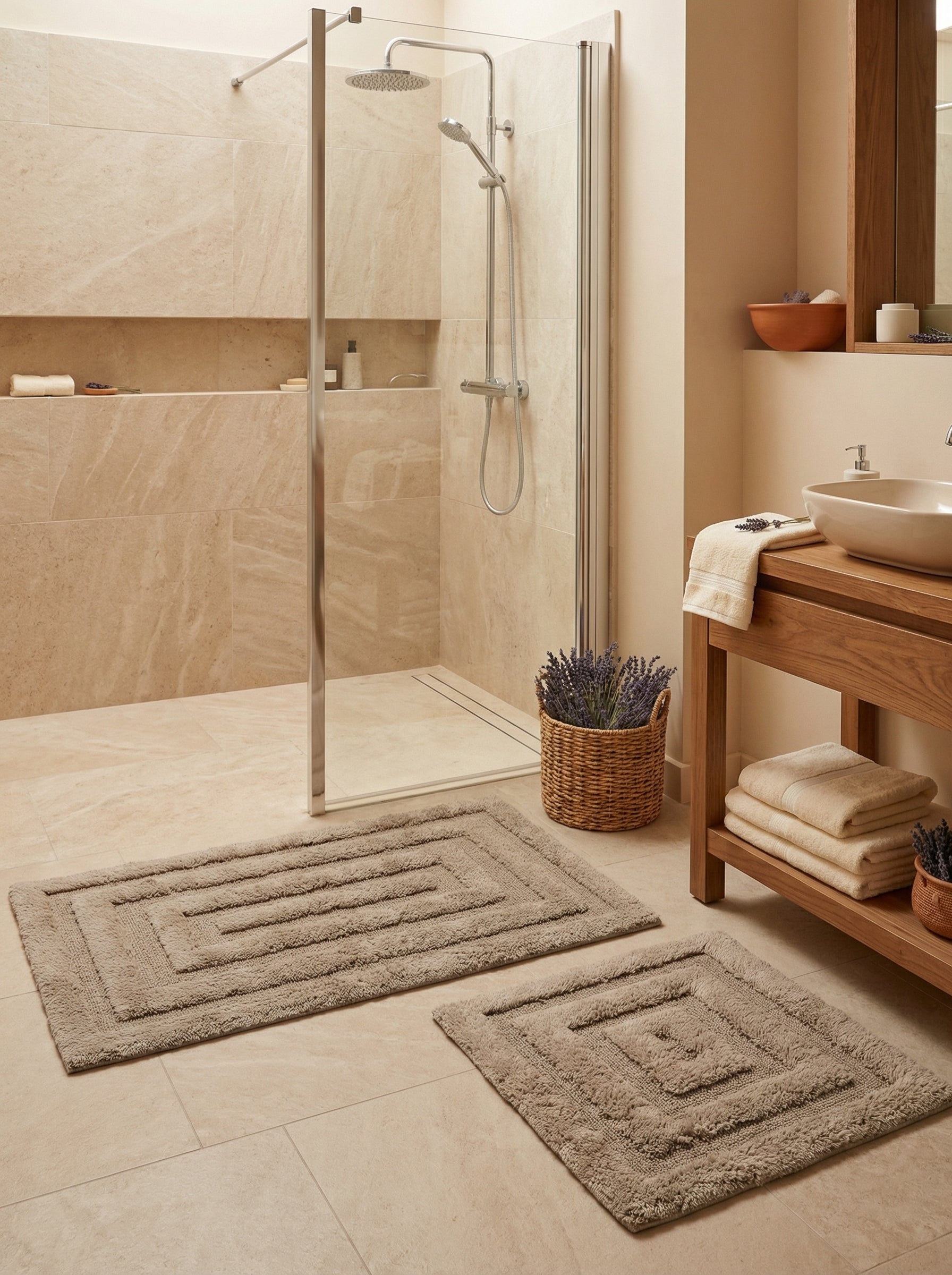 Deux tapis de bain moelleux couleur taupe avec motifs de rectangles concentriques en relief, posés sur le carrelage d'une salle de bain