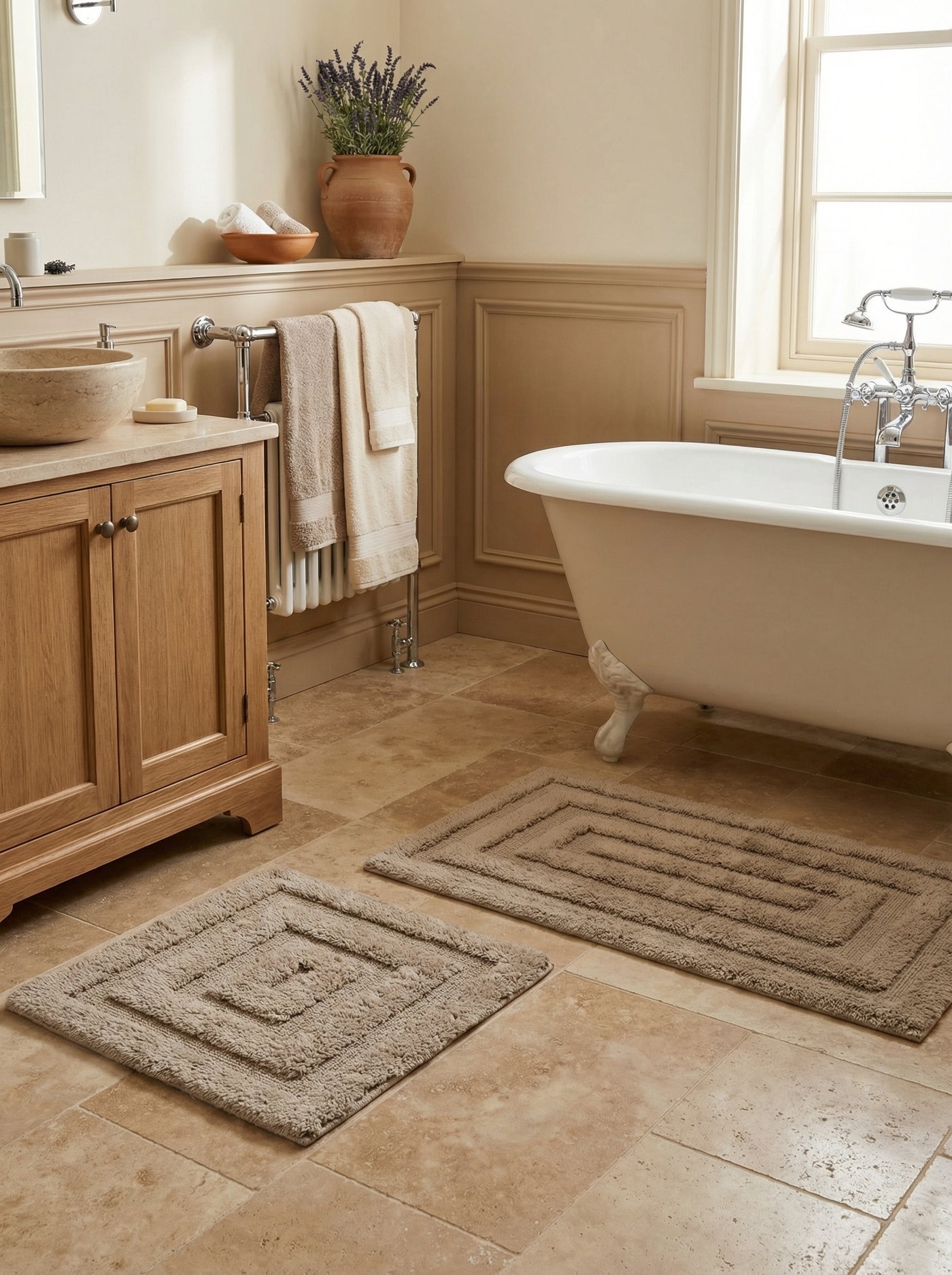 Paire de tapis de bain beige clair en coton bouclé, avec motifs de rectangles concentriques, dans une salle de bain