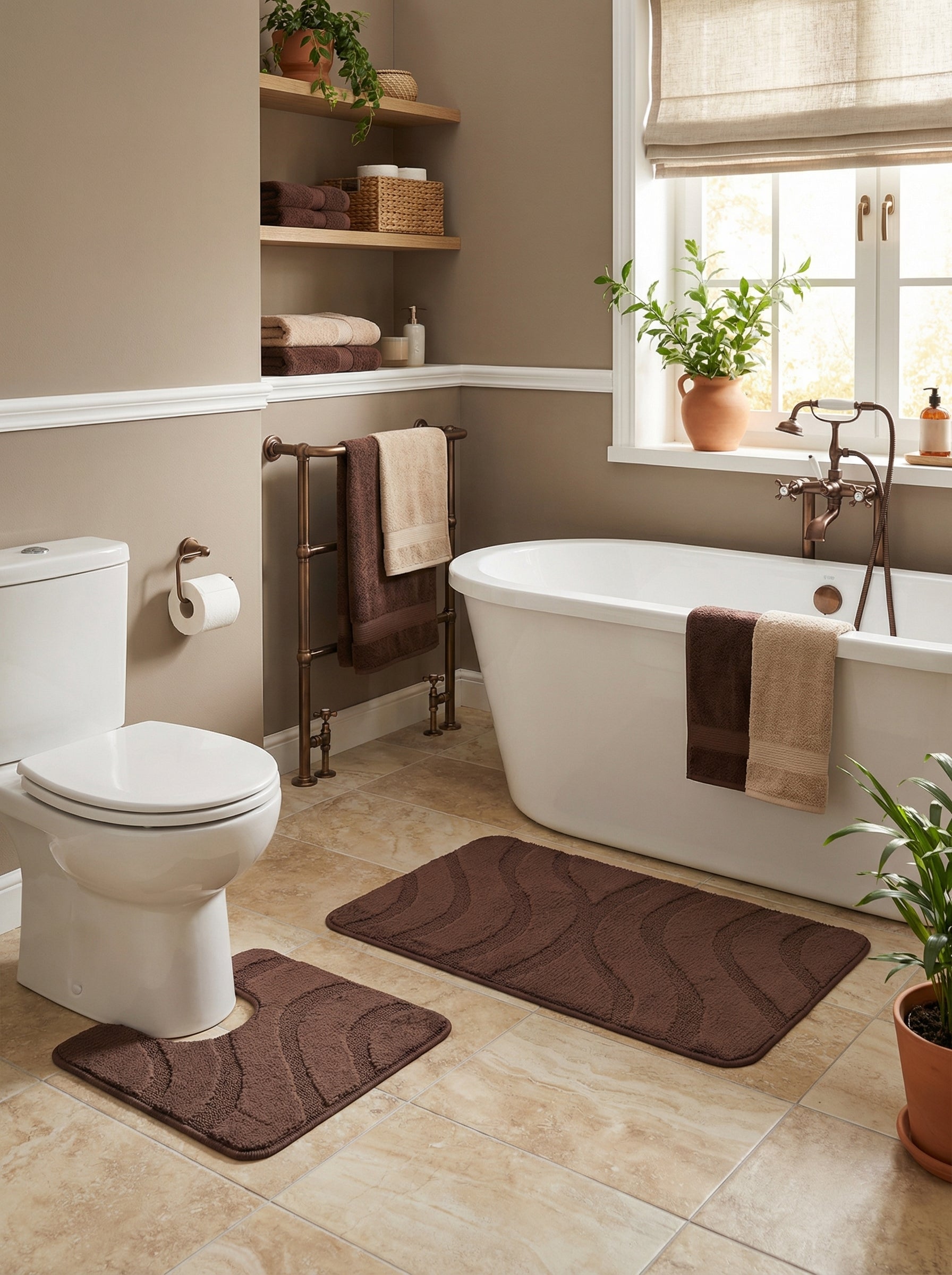 Deux tapis de bain marron foncé, l'un rectangulaire et l'autre en U, avec des motifs ondulés en relief sur un carrelage clair dans une salle de bain