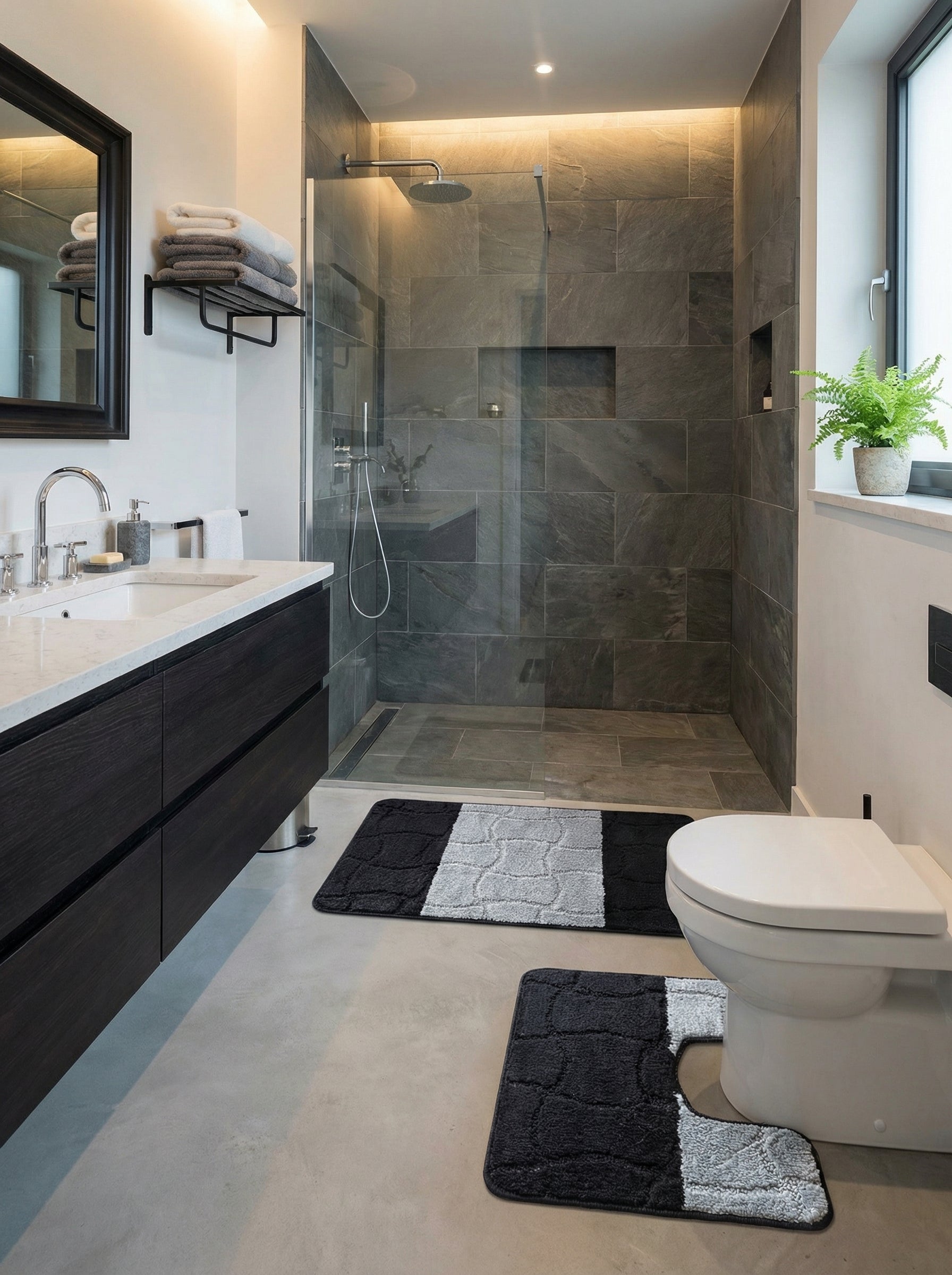 Deux tapis de bain noirs et gris clair, un rectangulaire et un en forme de U, avec un motif de galets texturés, dans une salle de bain moderne