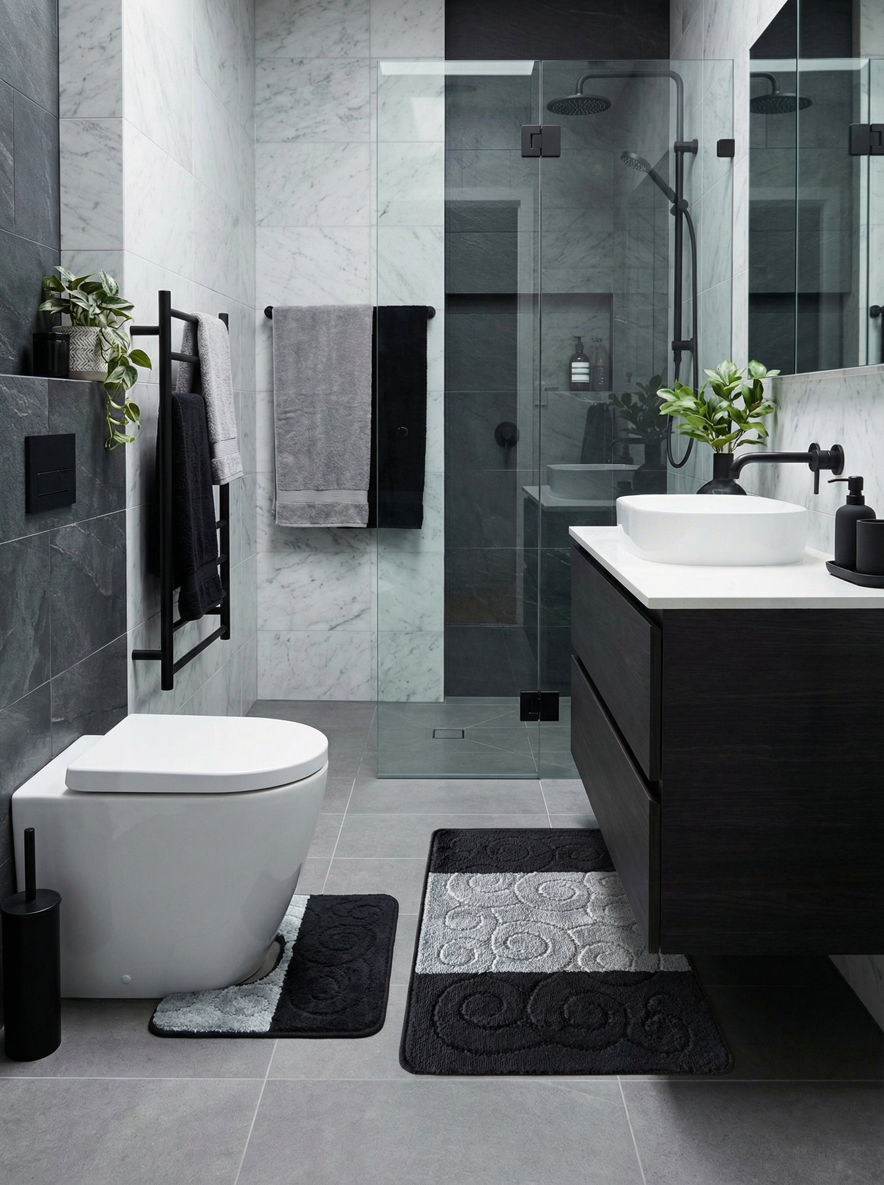 Ensemble de tapis de bain rectangulaires noirs et gris clair à motifs spirales texturés, disposés dans une salle de bain moderne