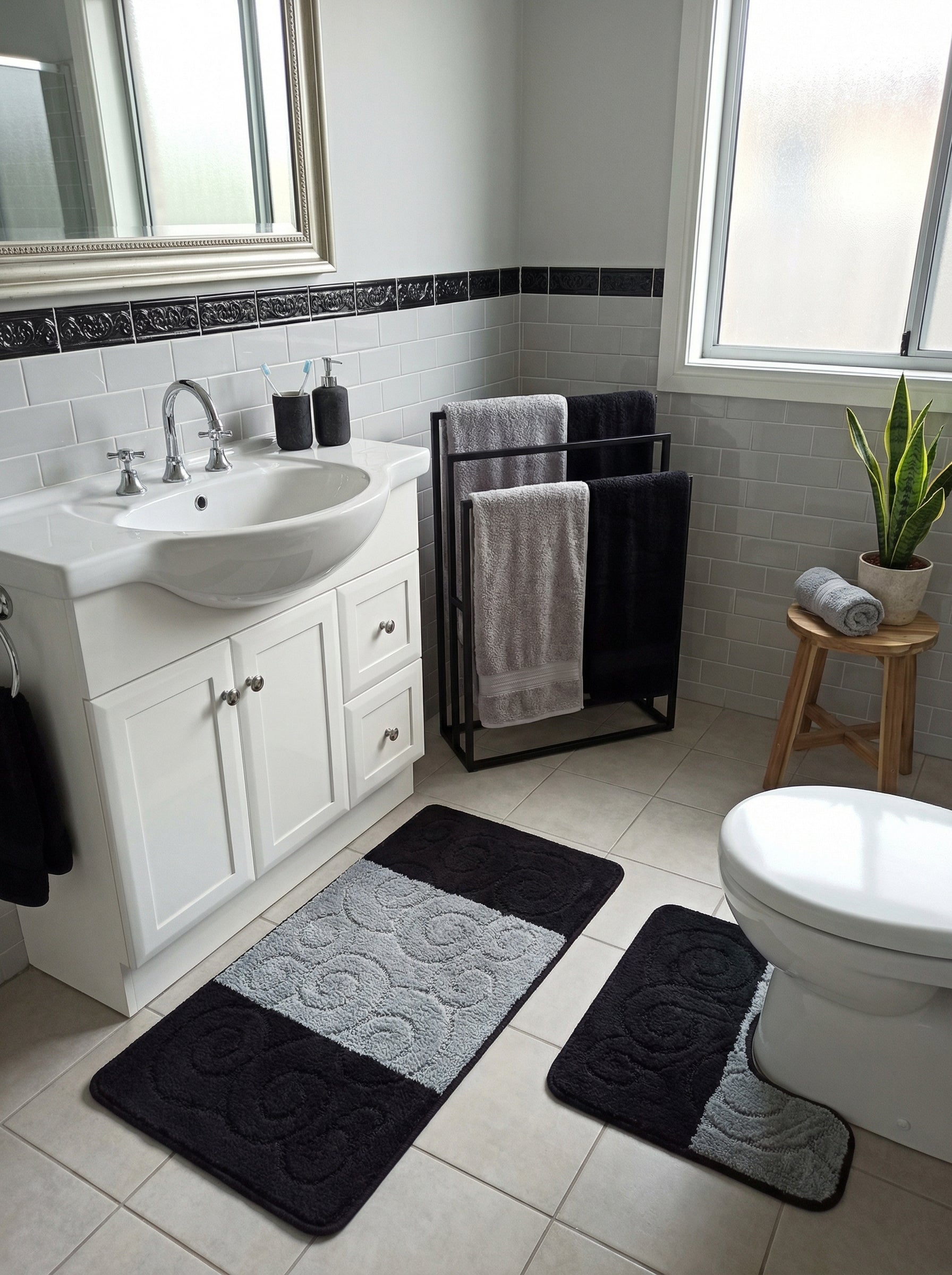 Tapis de bain noir et gris clair à motifs de volutes texturées, l'un rectangulaire et l'autre en U autour des toilettes, dans une salle de bain