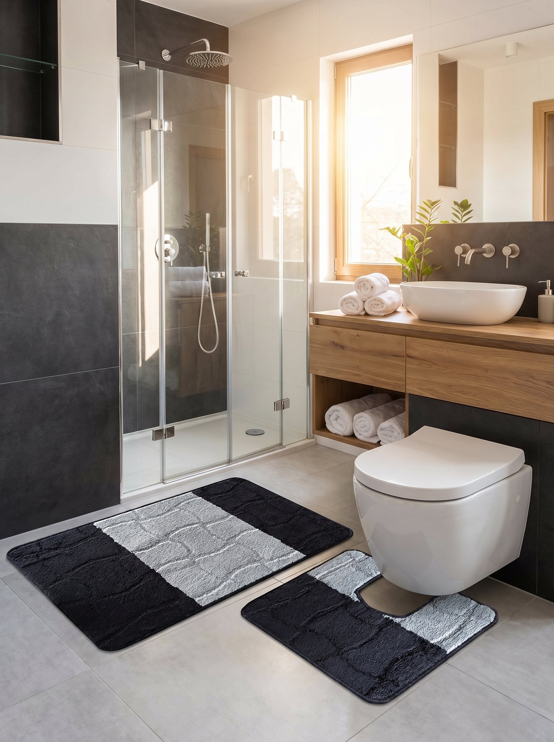 Tapis de bain moelleux gris clair et noir à motifs de blocs, ensemble rectangulaire et en U, dans une salle de bain