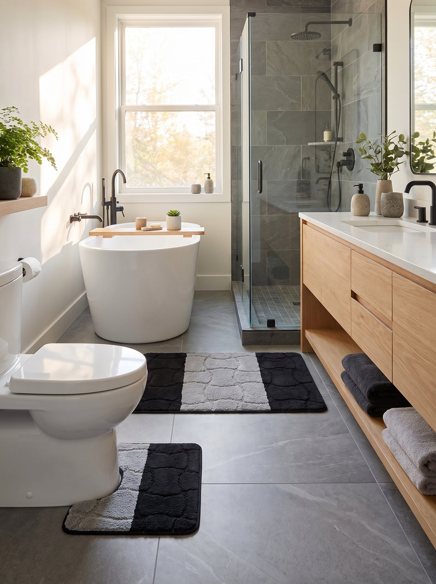 Grand tapis de bain rectangulaire noir et gris clair, avec des motifs ondulés. Un tapis assorti est devant les toilettes dans une salle de bain moderne