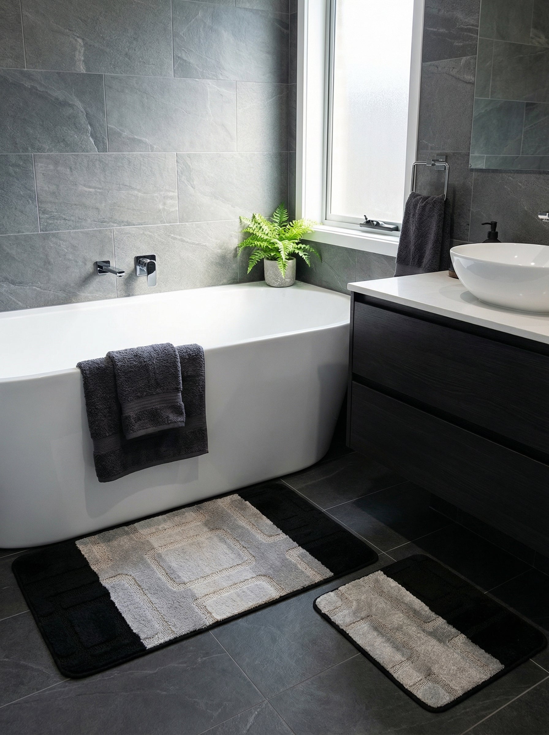 Deux tapis de bain rectangulaires, gris clair, beige et noir à motifs géométriques, sur un carrelage de salle de bain