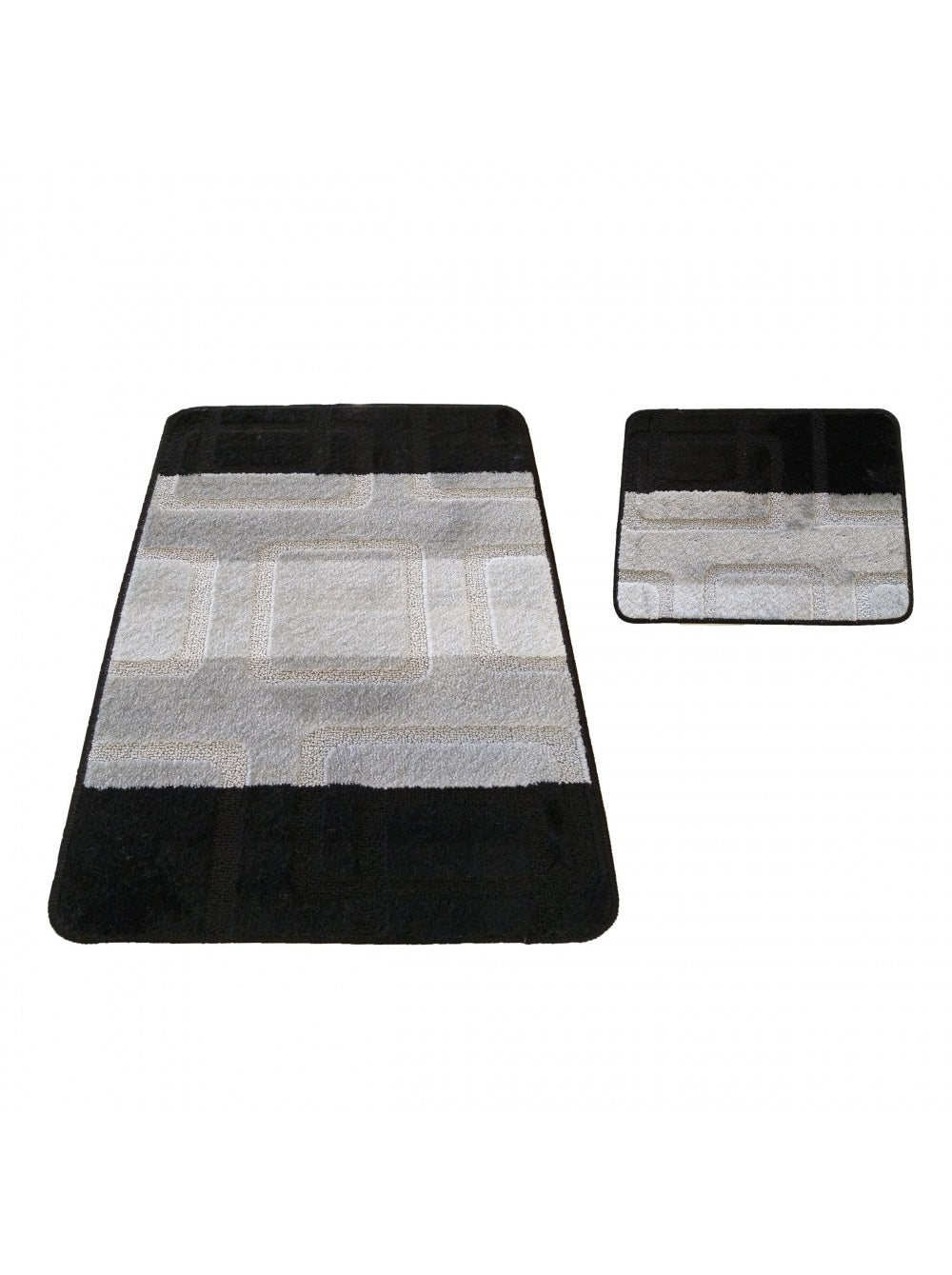 Une paire de tapis moelleux, un grand et un petit, avec des bordures noires et un motif central de blocs gris clair et beige
