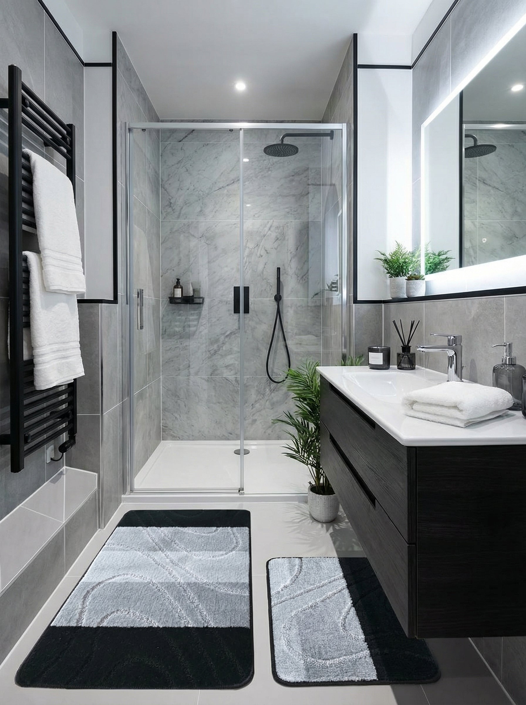 Deux tapis de bain rectangulaires, noirs et gris clair à motifs ondulés, sur le sol carrelé d'une salle de bain contemporaine