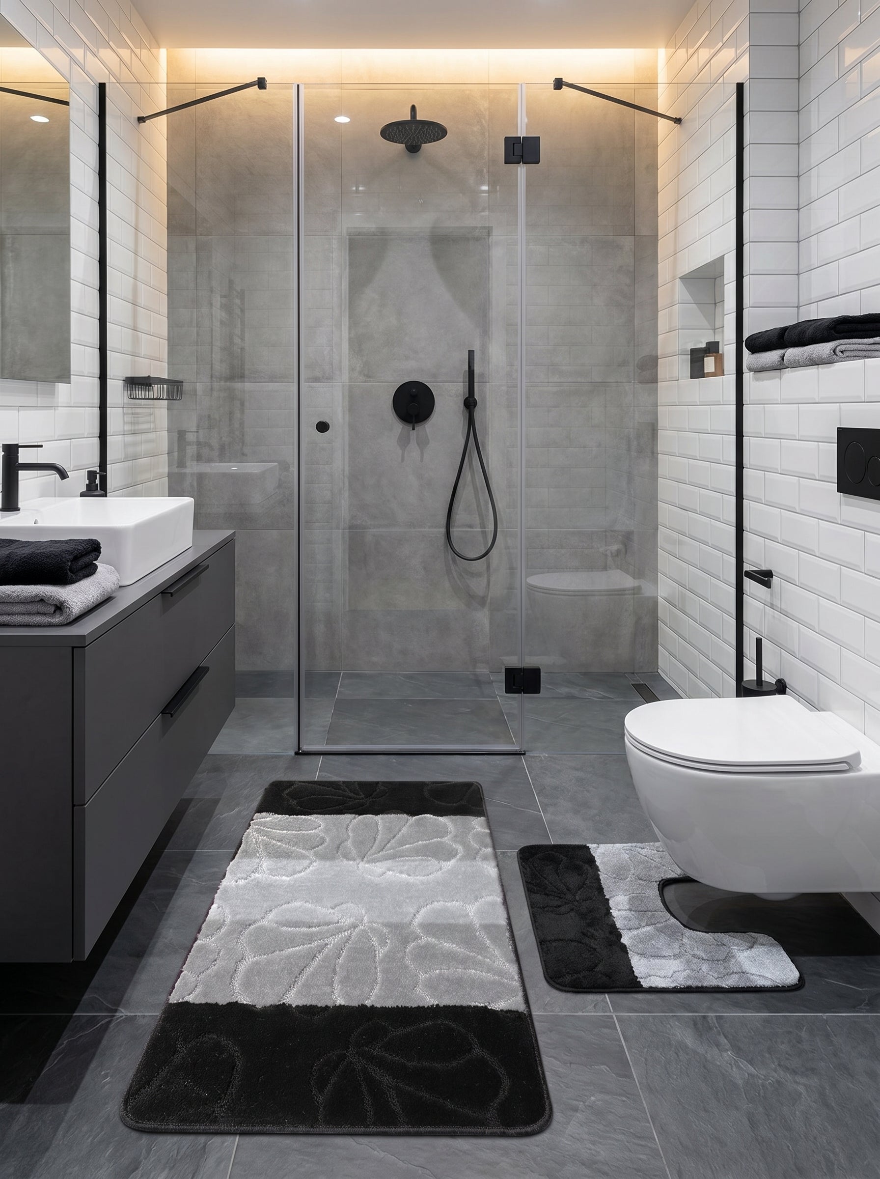 Tapis de bain doux noir et gris avec motifs floraux discrets, comprenant un tapis rectangulaire et un contour de WC dans une salle de bain moderne