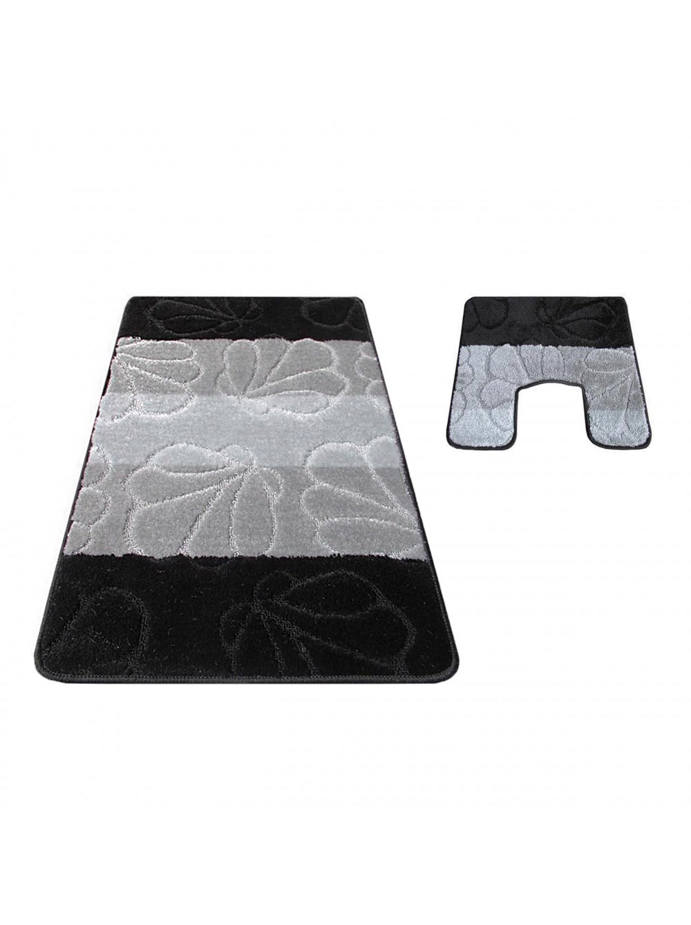 Deux tapis, un rectangulaire et un contour, à rayures noires, gris clair et gris foncé, avec motifs floraux en relief
