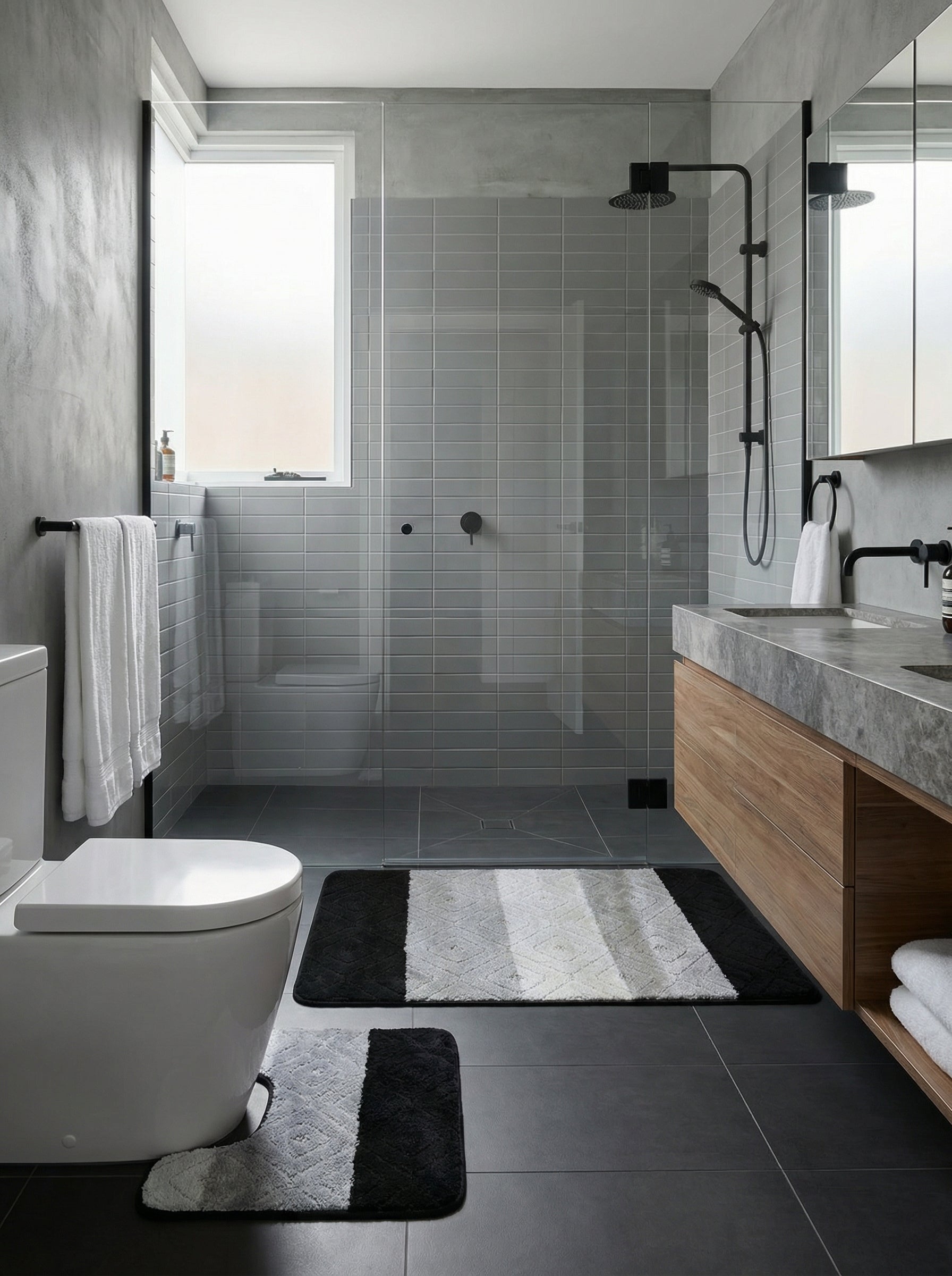 Ensemble de deux tapis de bain moelleux, noir, gris et blanc à motifs rayés géométriques, dans une salle de bain