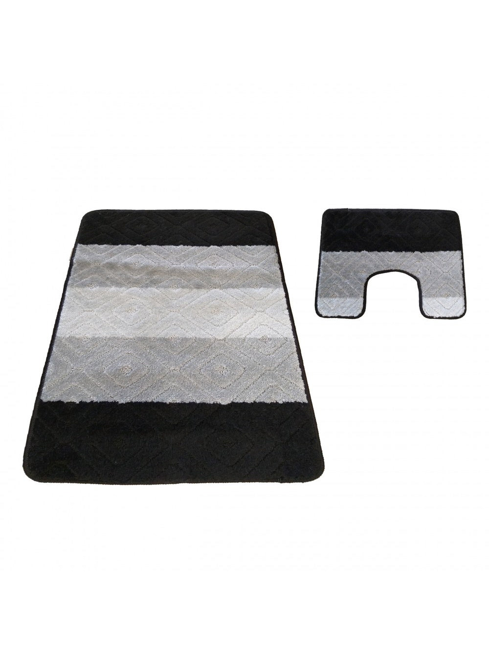 Ensemble de deux tapis en textile doux, à rayures horizontales noir, gris clair et gris moyen avec motifs losanges