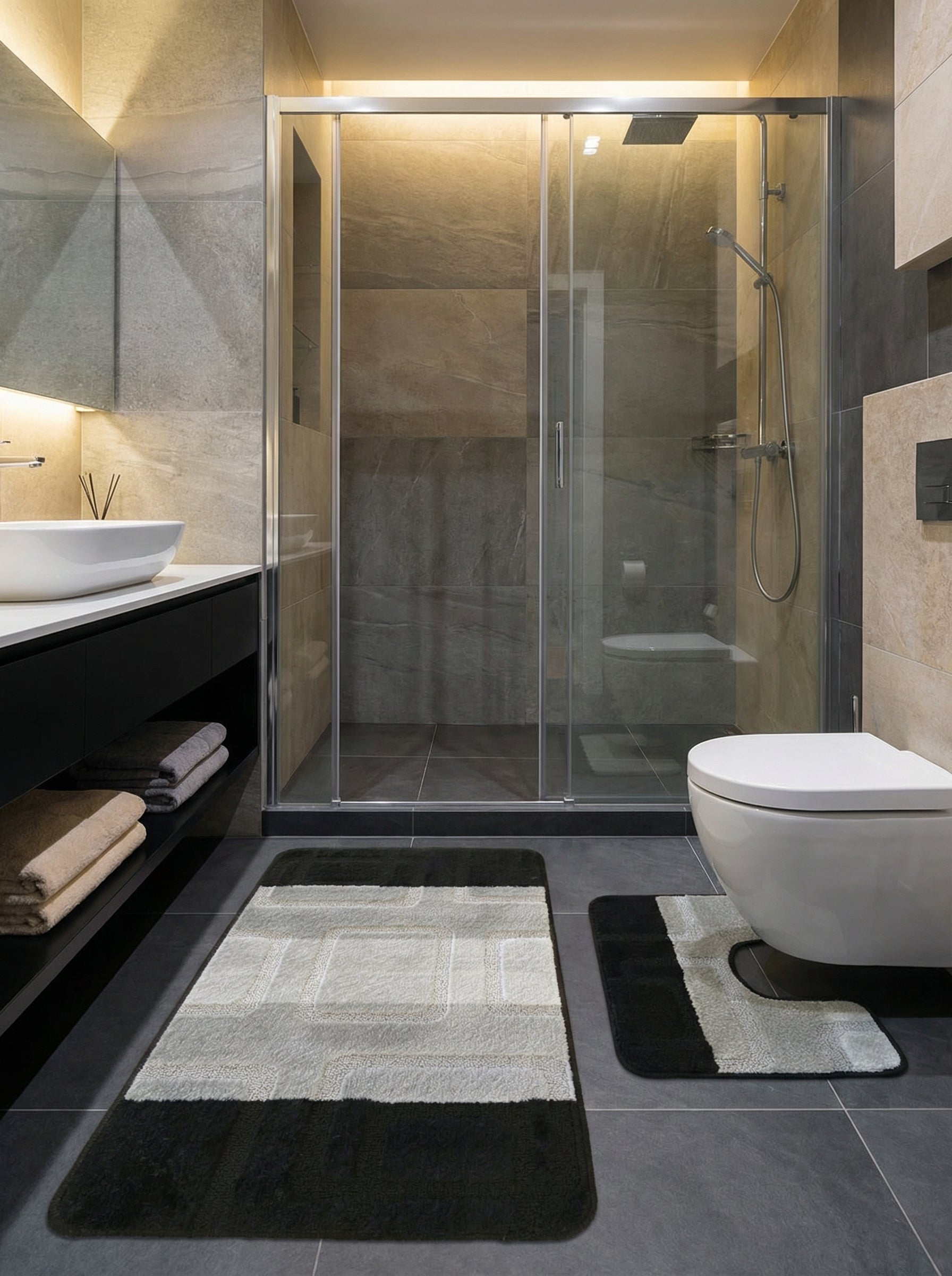 Tapis rectangulaire à rayures gris foncé, gris clair et blanc cassé avec motifs géométriques texturés, dans une salle de bain moderne
