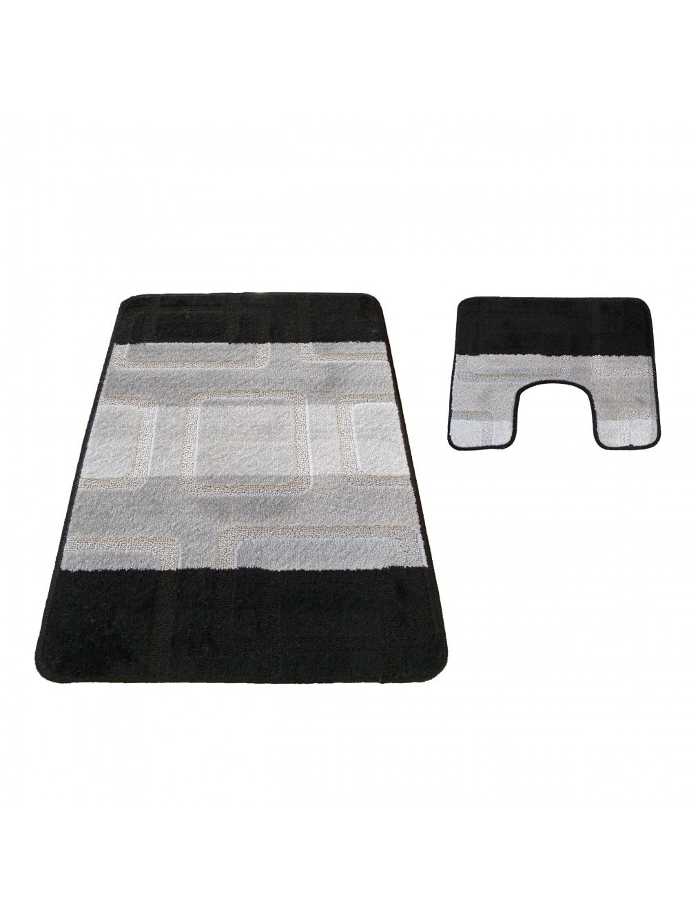 Deux tapis, un rectangulaire et un en U, affichant des motifs géométriques texturés en noir, gris clair et beige