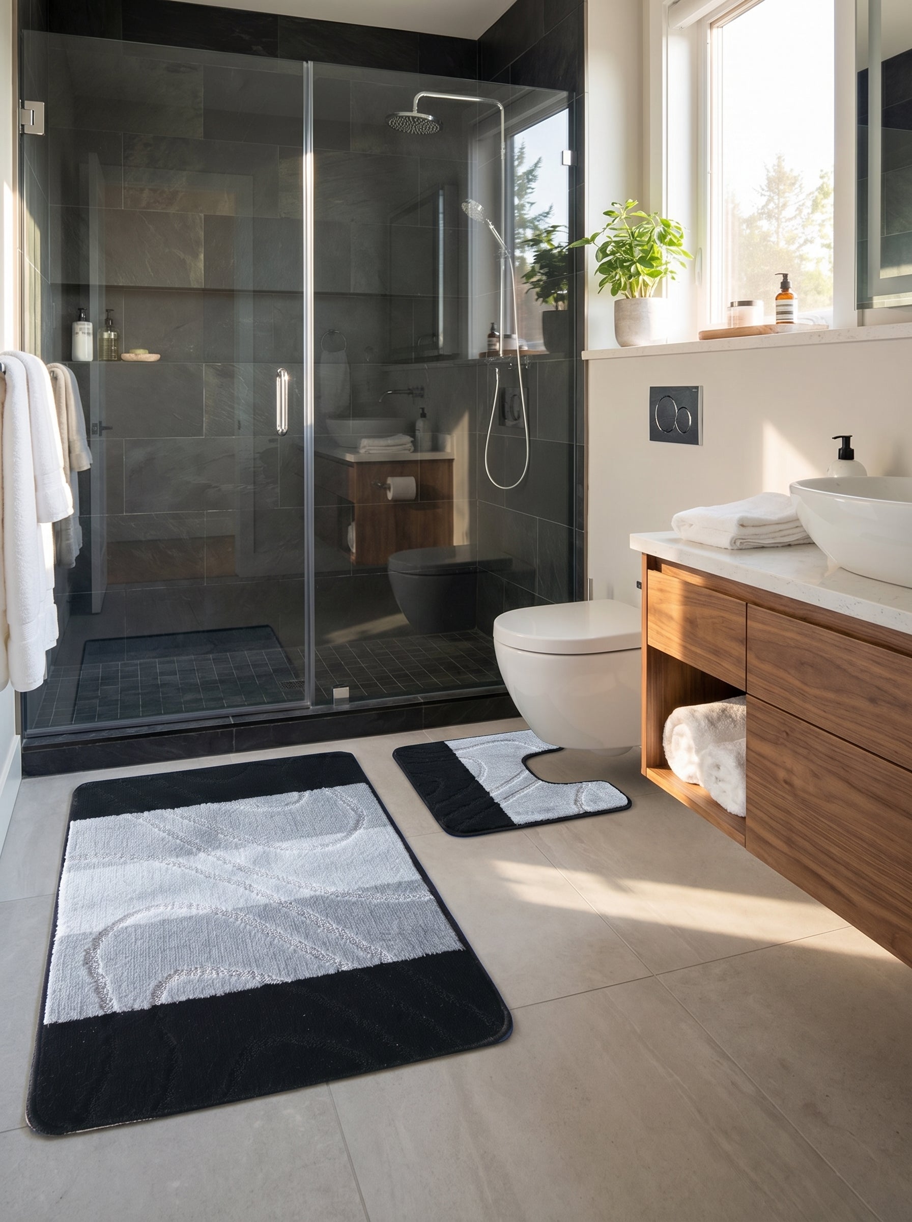 Tapis de bain rectangulaire et de contour WC en tissu, noir, gris et blanc avec motifs ondulés, dans une salle de bain moderne et lumineuse