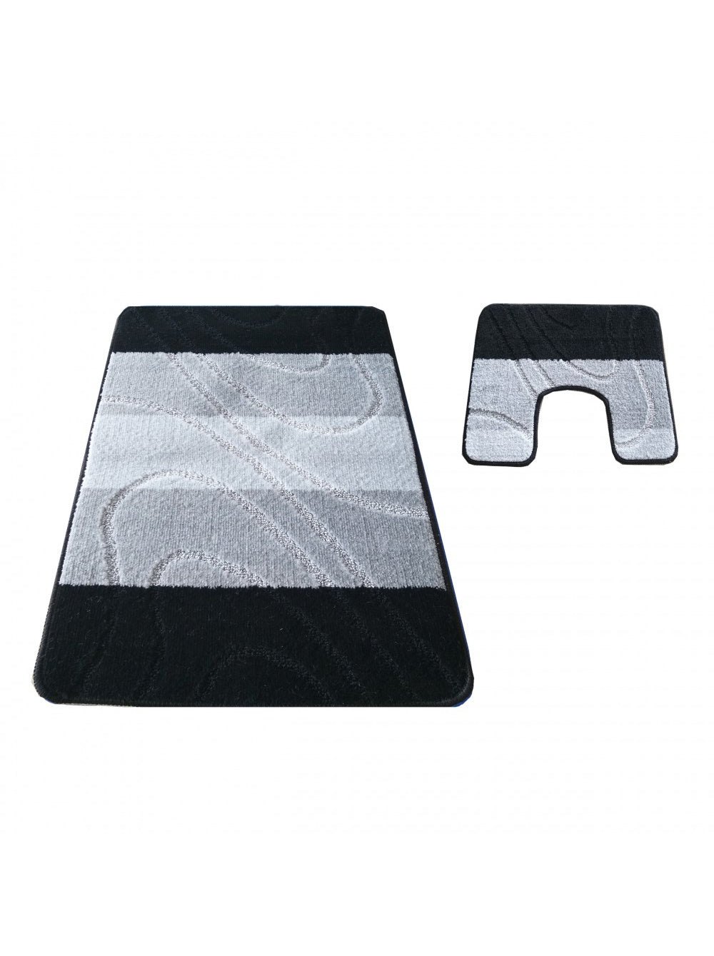 Ensemble de deux tapis en textile, noir et gris, avec des motifs abstraits. Un tapis rectangulaire et un tapis en U