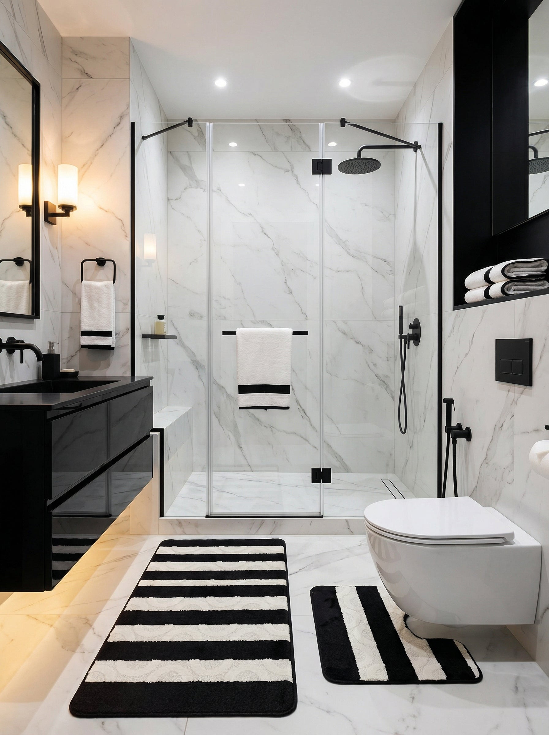 Deux tapis doux à rayures noires et crème avec des motifs ondulés subtils, posés sur le sol d'une salle de bain moderne