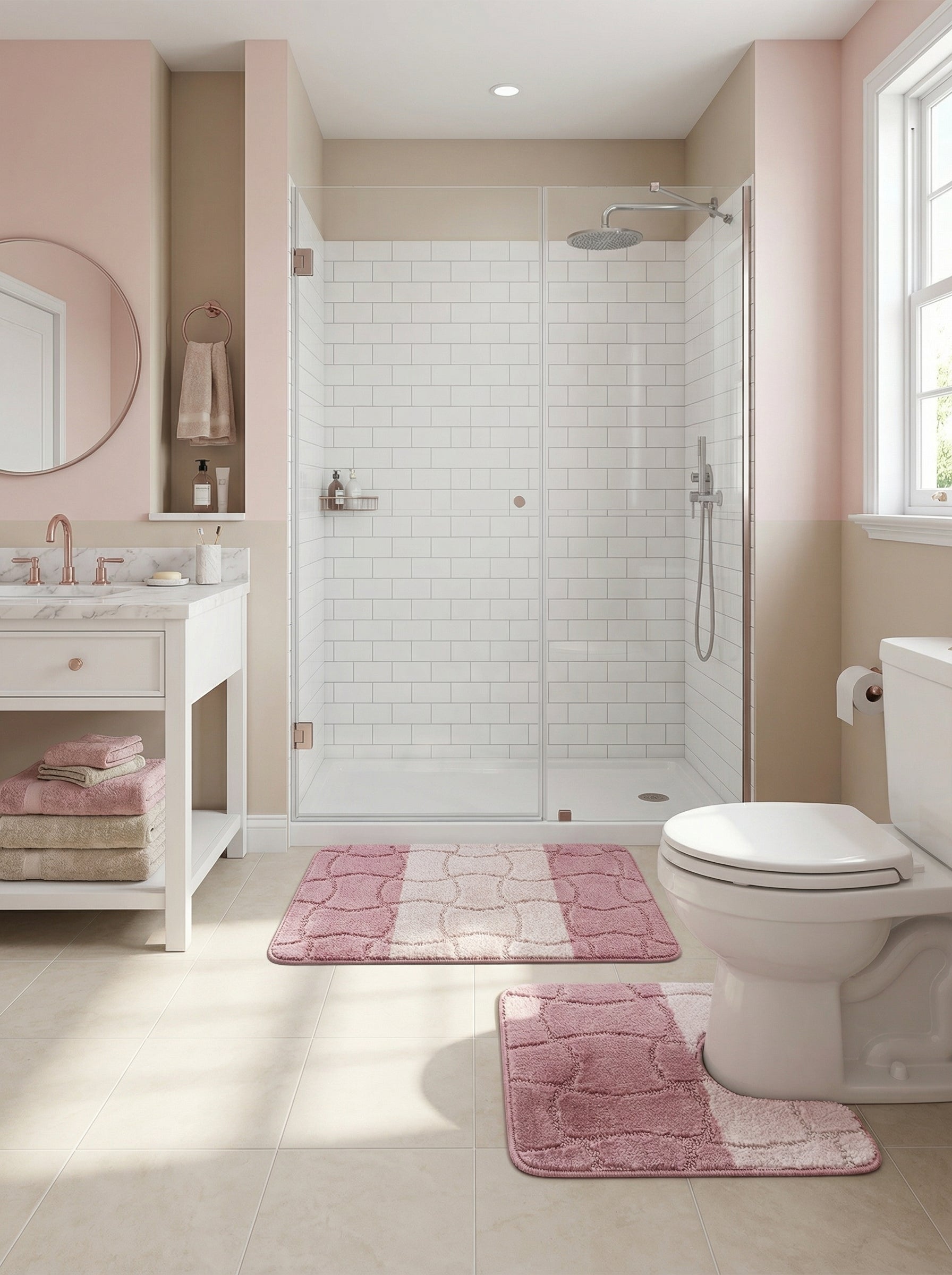 Tapis de bain rectangulaire rose et blanc cassé avec motifs texturés ondulés, posé sur le sol carrelé d'une salle de bain