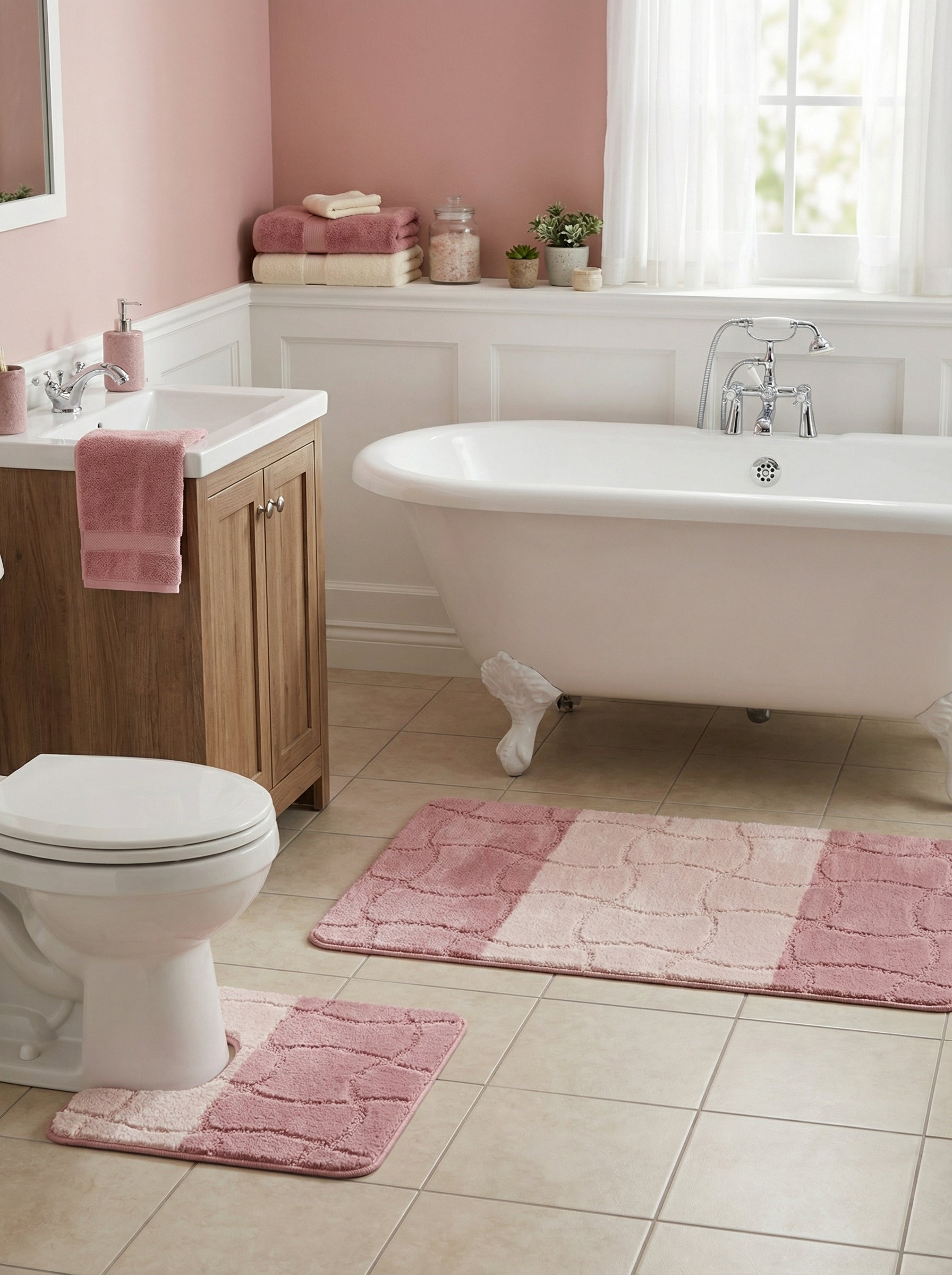 Tapis de bain rose rectangulaire et un second en U, aux motifs ondulés bicolores, dans une salle de bain