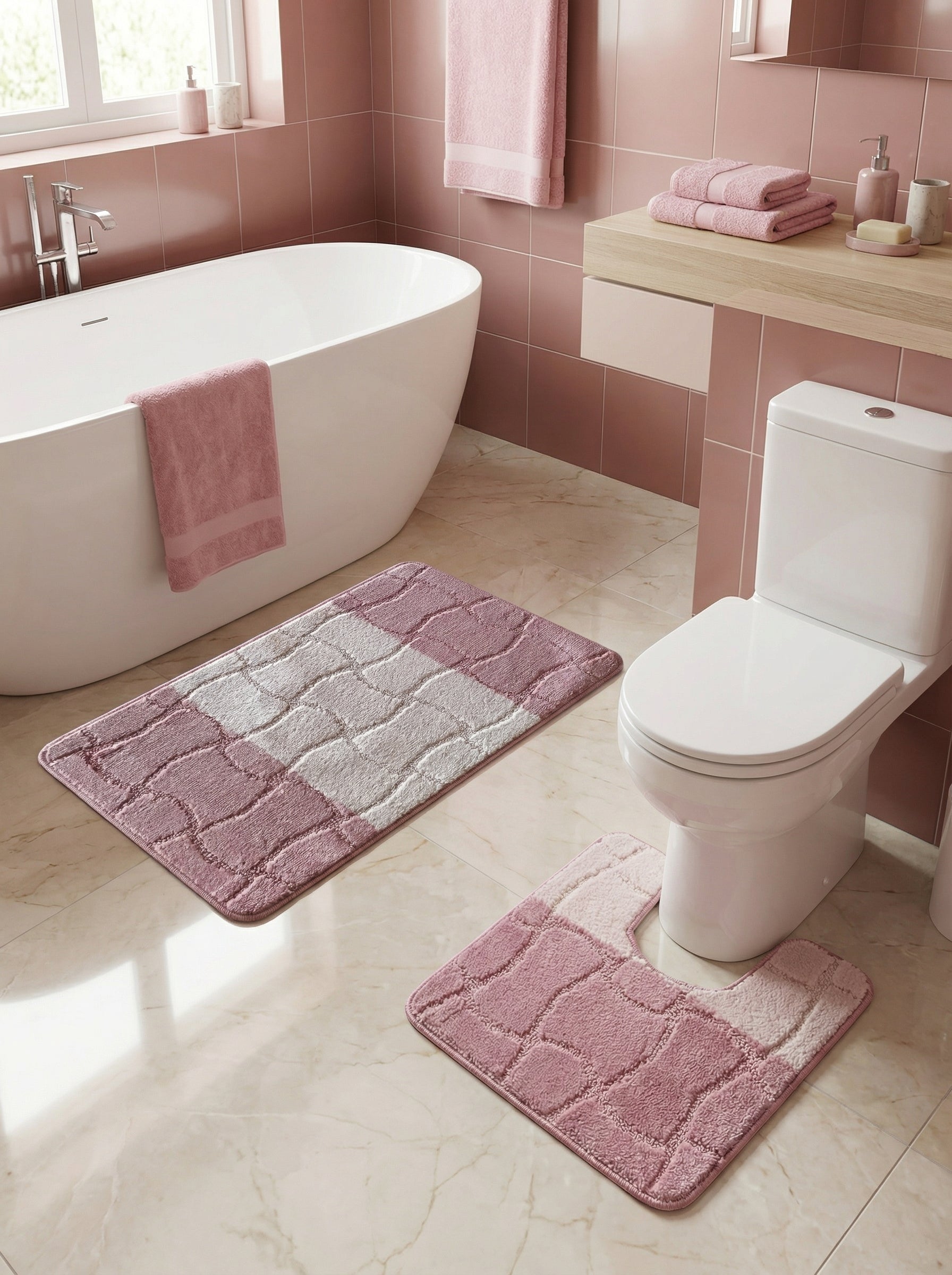 Deux tapis de bain doux, rose mauve et beige clair, avec un motif en damier texturé, dans une salle de bain moderne