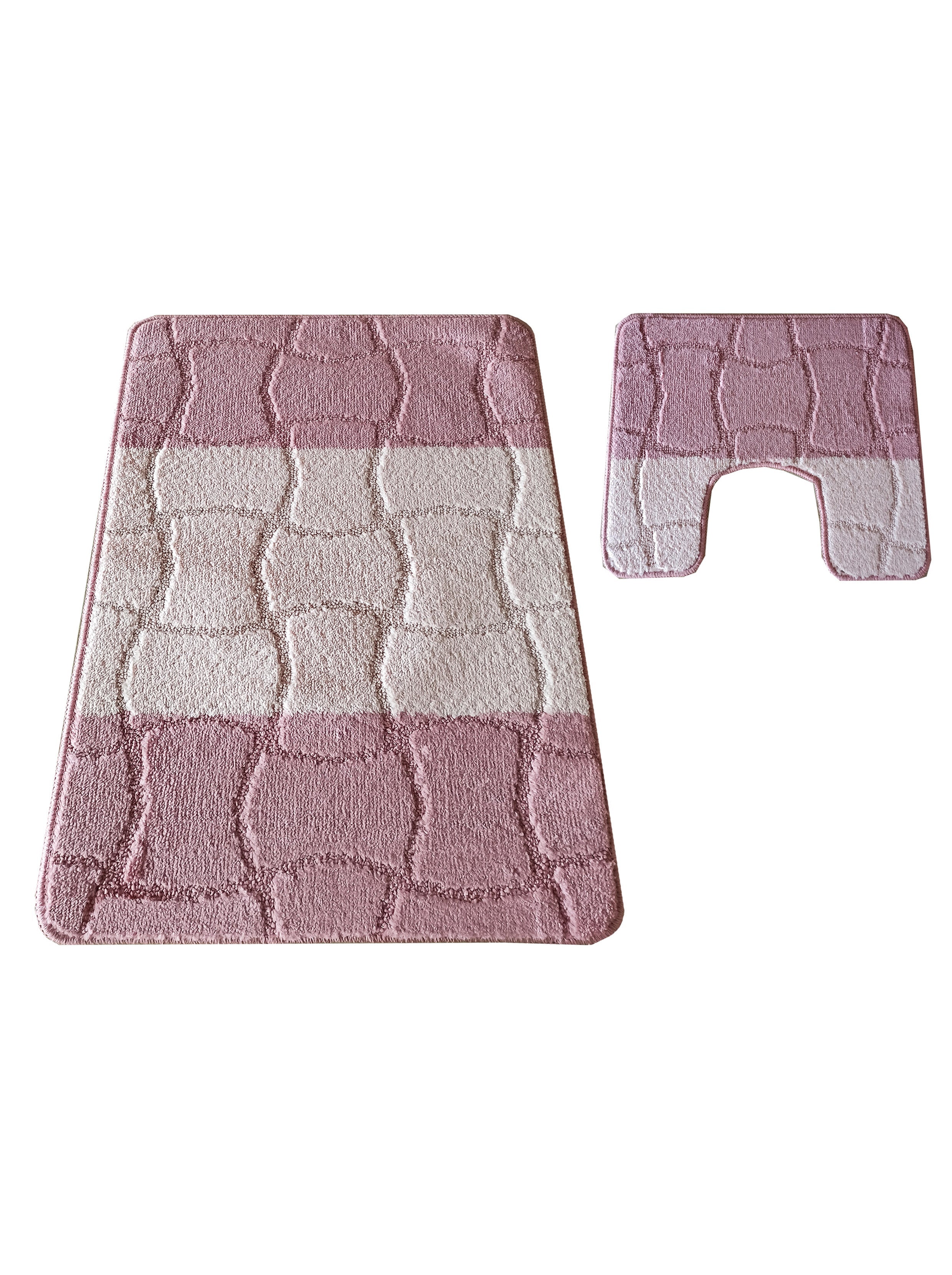 Deux tapis roses et blancs à texture douce, avec des motifs abstraits en relief et des bandes horizontales