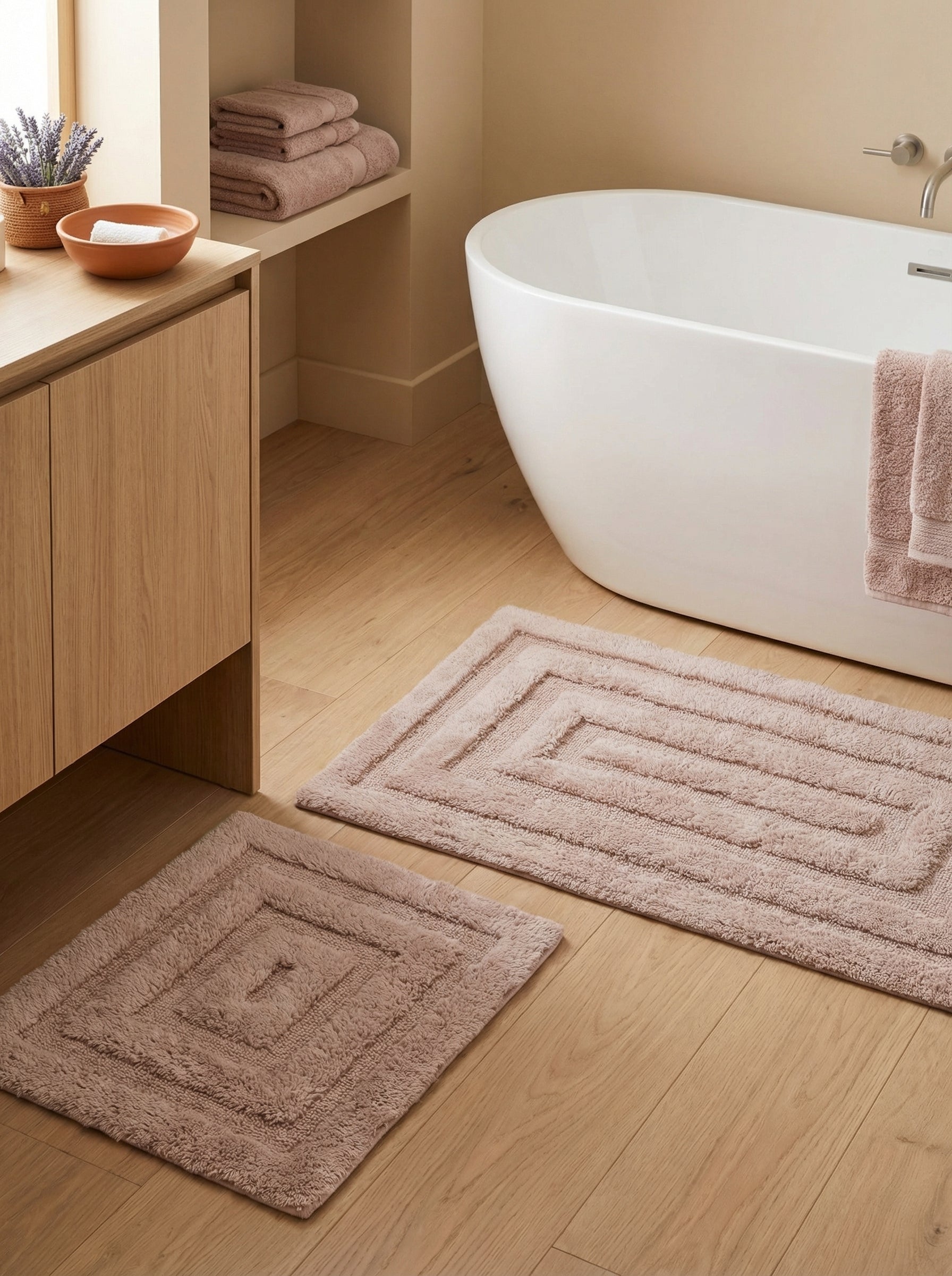 Deux tapis doux rose poudré, l'un carré l'autre rectangulaire, à motifs géométriques en relief dans une salle de bain moderne