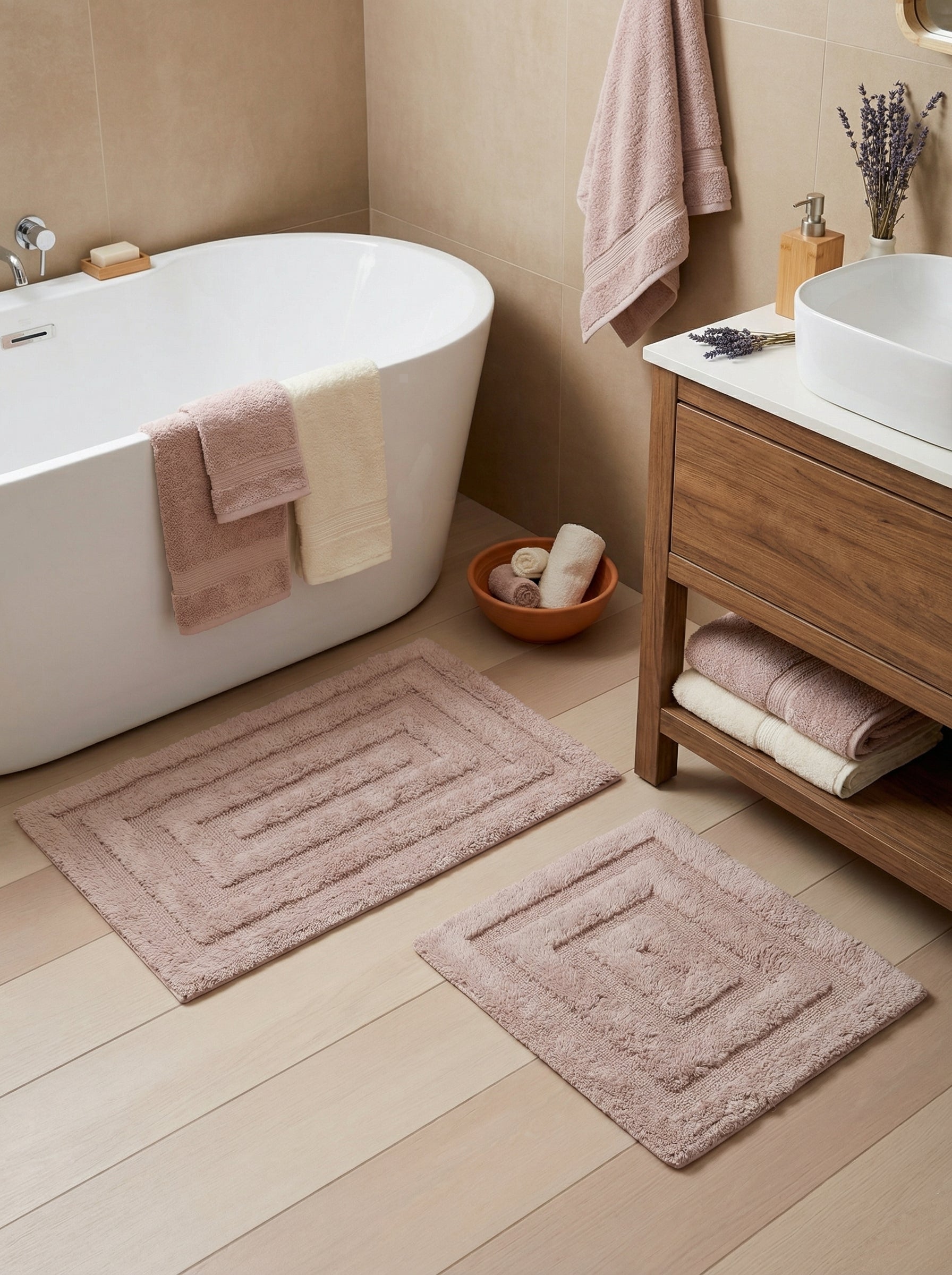Deux tapis de bain rose poudré en coton bouclé, rectangulaires avec un motif de carrés concentriques en relief, dans une salle de bain claire
