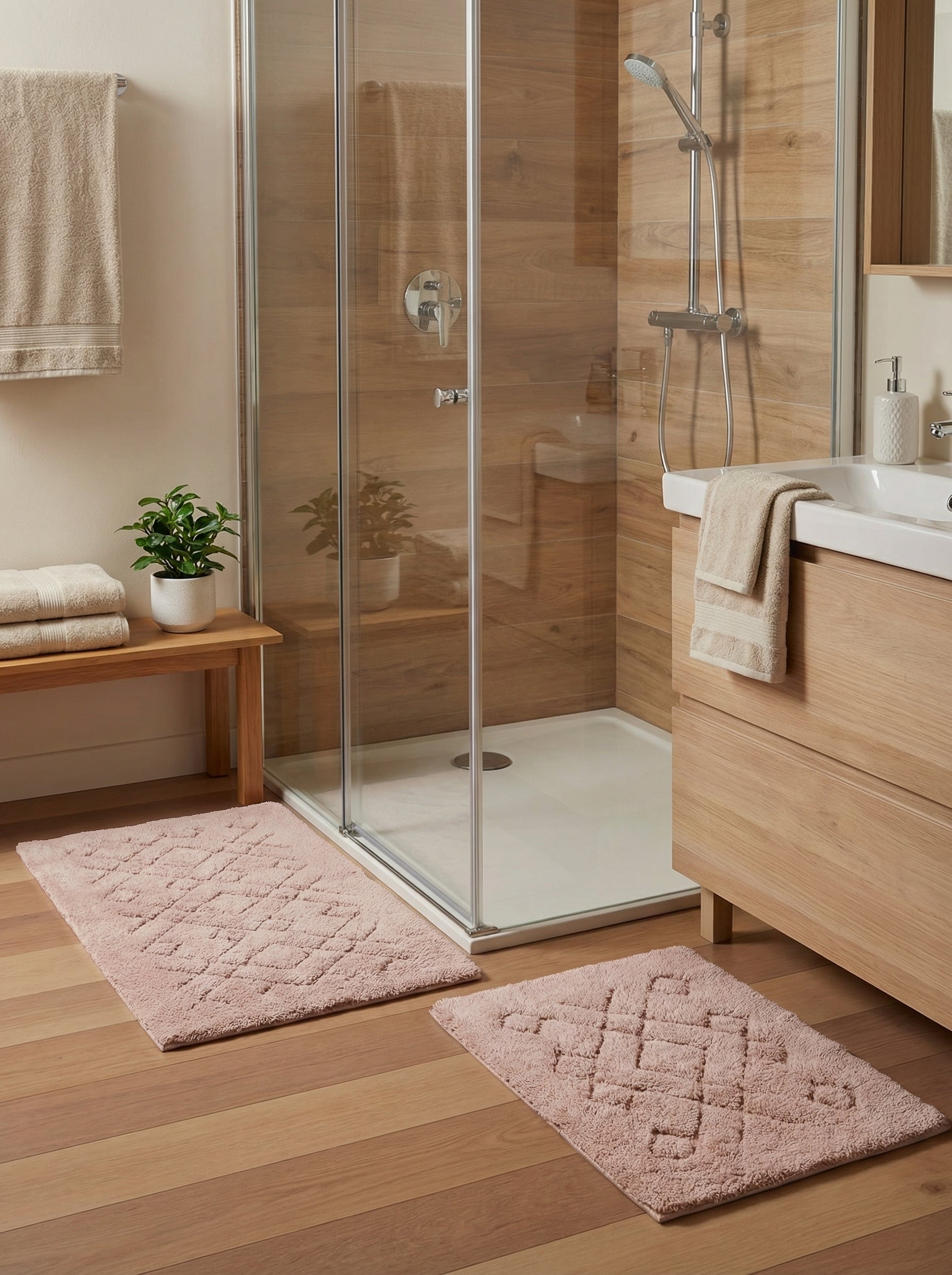 Deux tapis rose pâle moelleux à motifs géométriques en losanges sur un sol en bois clair dans une salle de bain